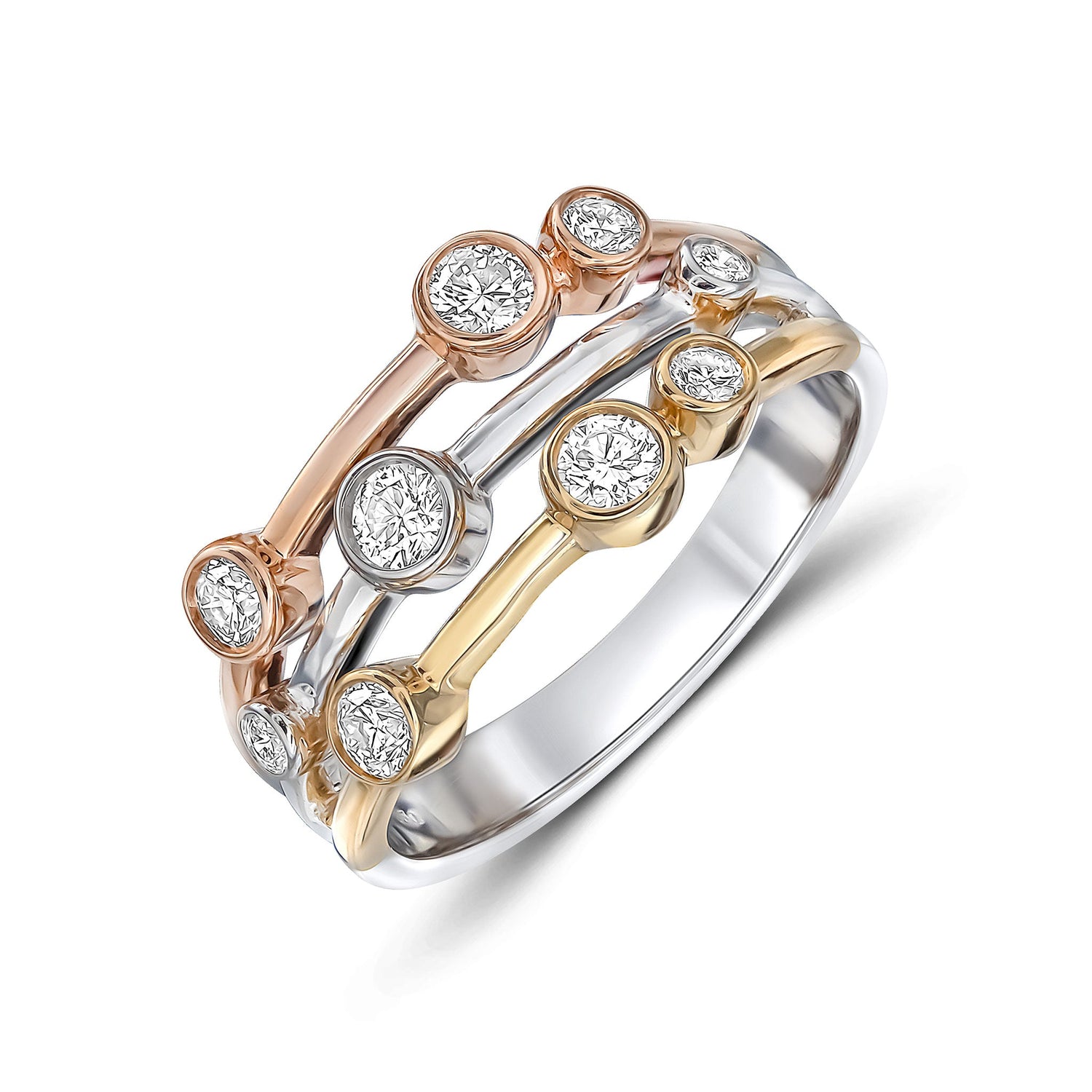 18ct Three-Tone (Yellow, White, Rose) Gold Multi Row Natural Diamond Bubble Ring