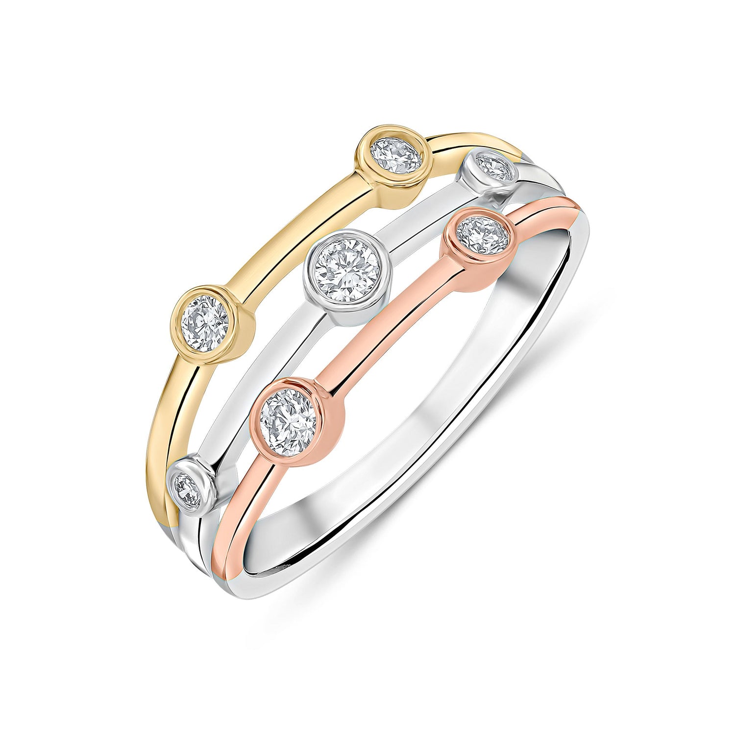 18ct Three-Tone (Yellow, White, Rose) Gold Multi Row Diamond Bubble Ring