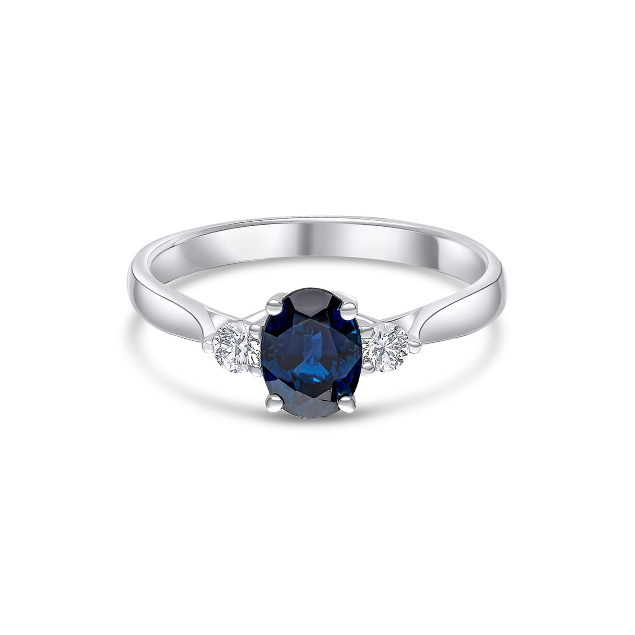 18ct White Gold Oval Natural Sapphire and Round Diamond Claw Three Stone Ring — 7x5mm