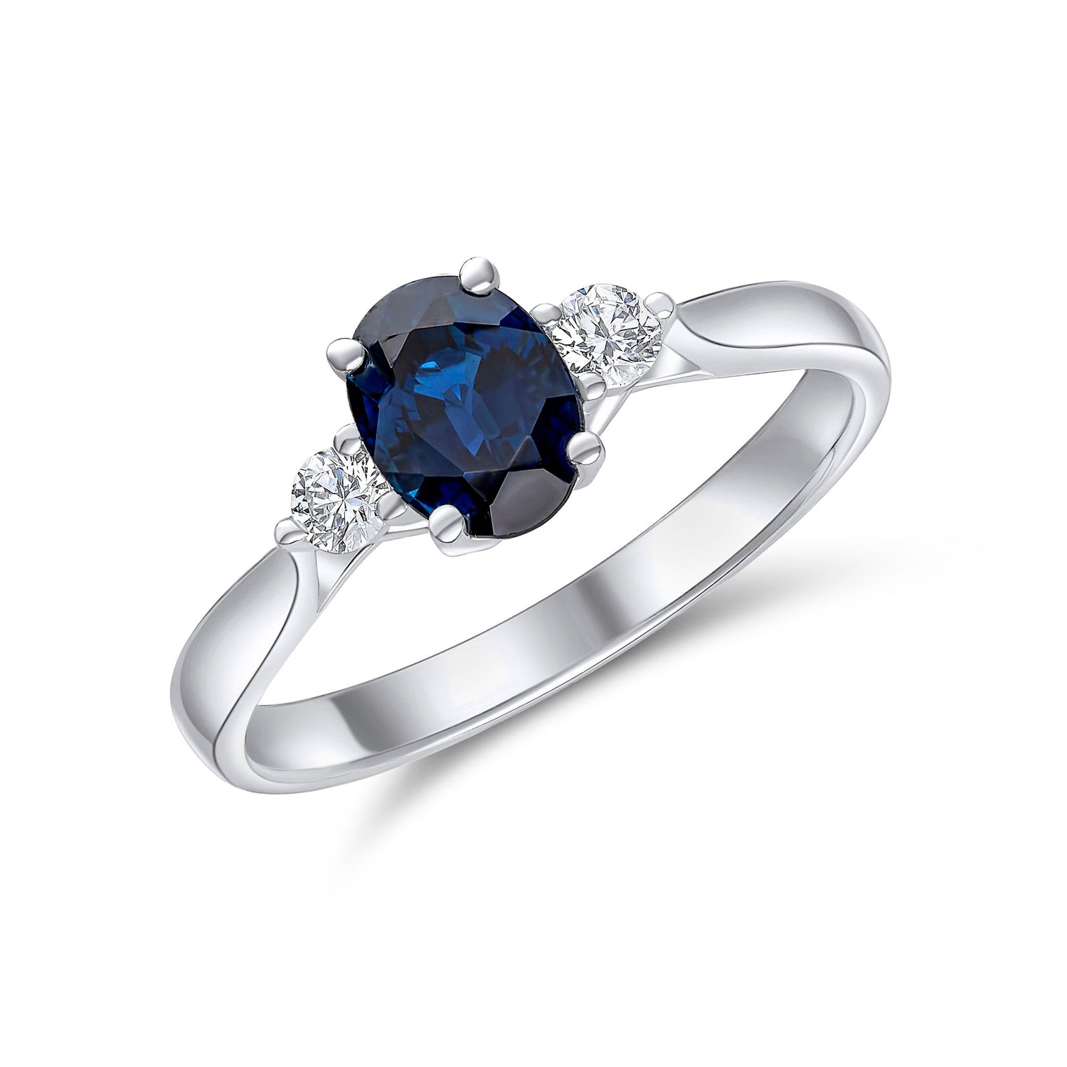 18ct White Gold Oval Natural Sapphire and Round Diamond Claw Three Stone Ring — 7x5mm