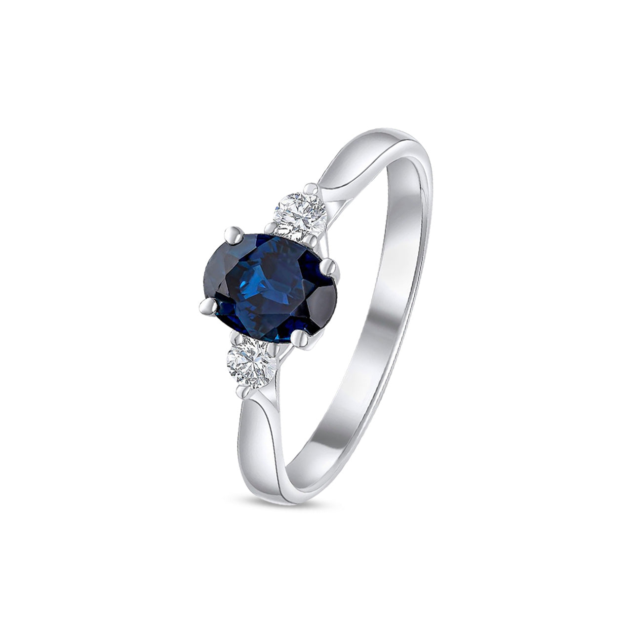18ct White Gold Oval Natural Sapphire and Round Diamond Claw Three Stone Ring — 7x5mm