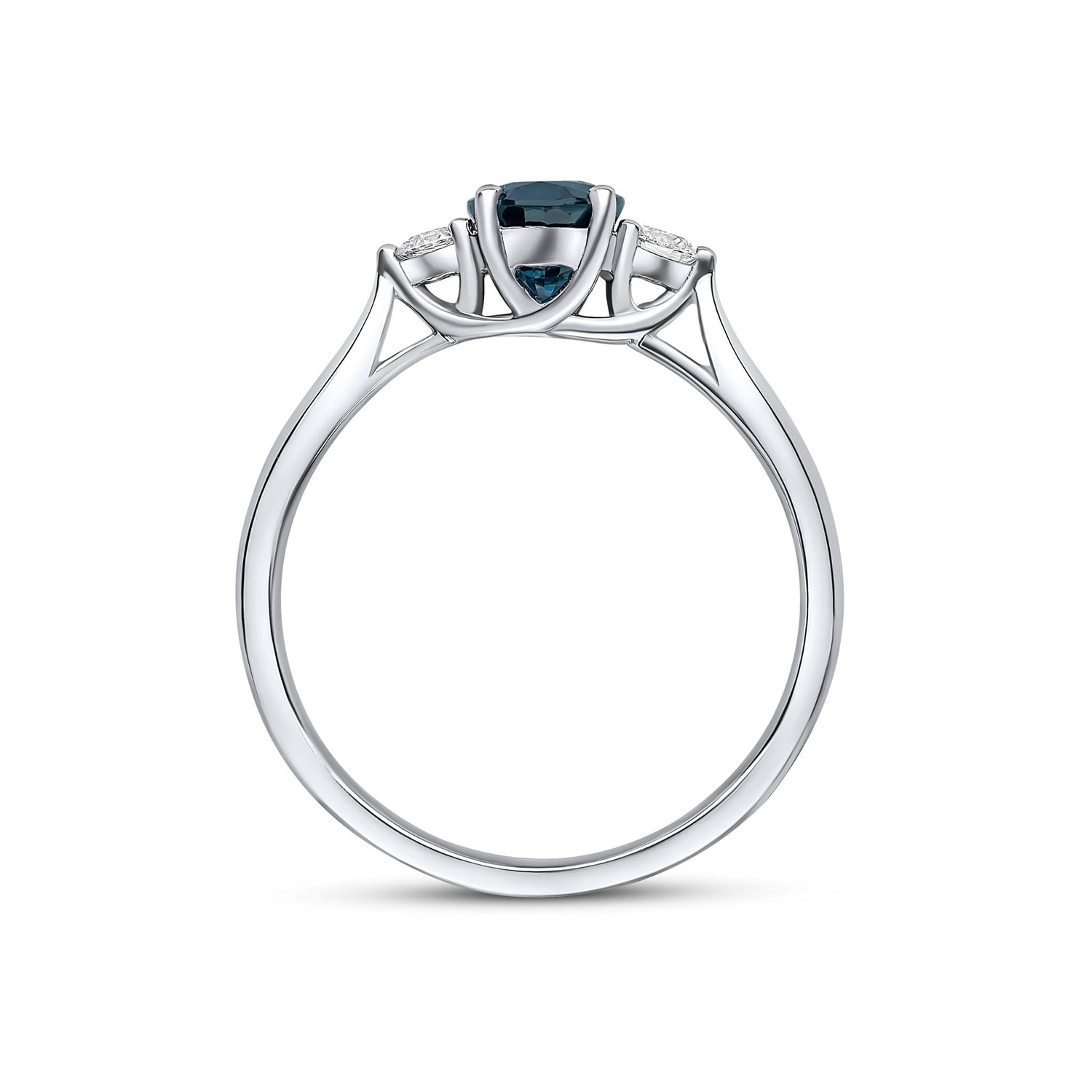 18ct White Gold Oval Natural Sapphire and Round Diamond Claw Three Stone Ring — 7x5mm