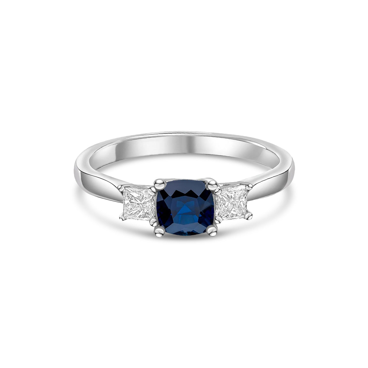 18ct White Gold Cushion Natural Sapphire and Square Diamond Three Stone Ring — 5mm