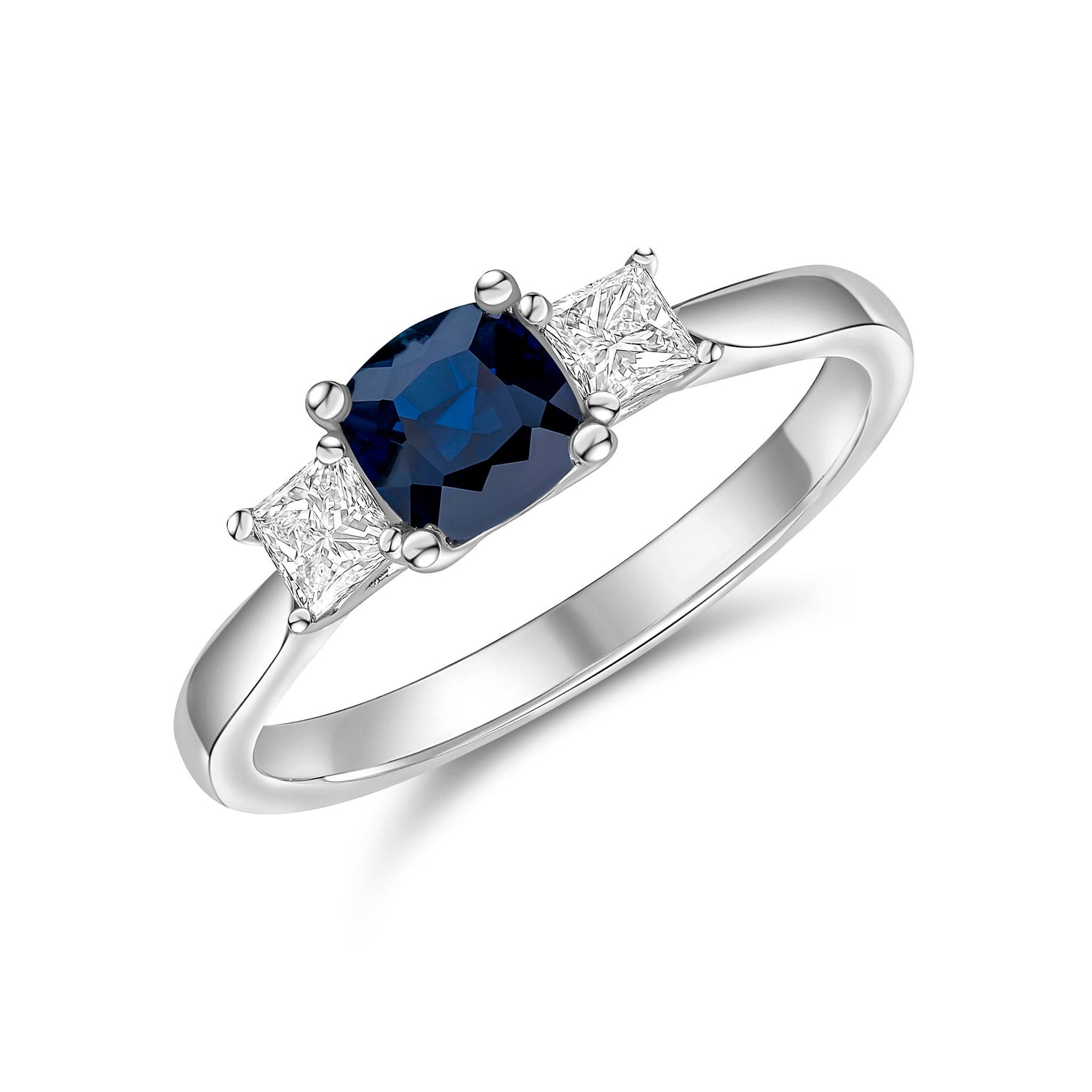 18ct White Gold Cushion Natural Sapphire and Square Diamond Three Stone Ring — 5mm