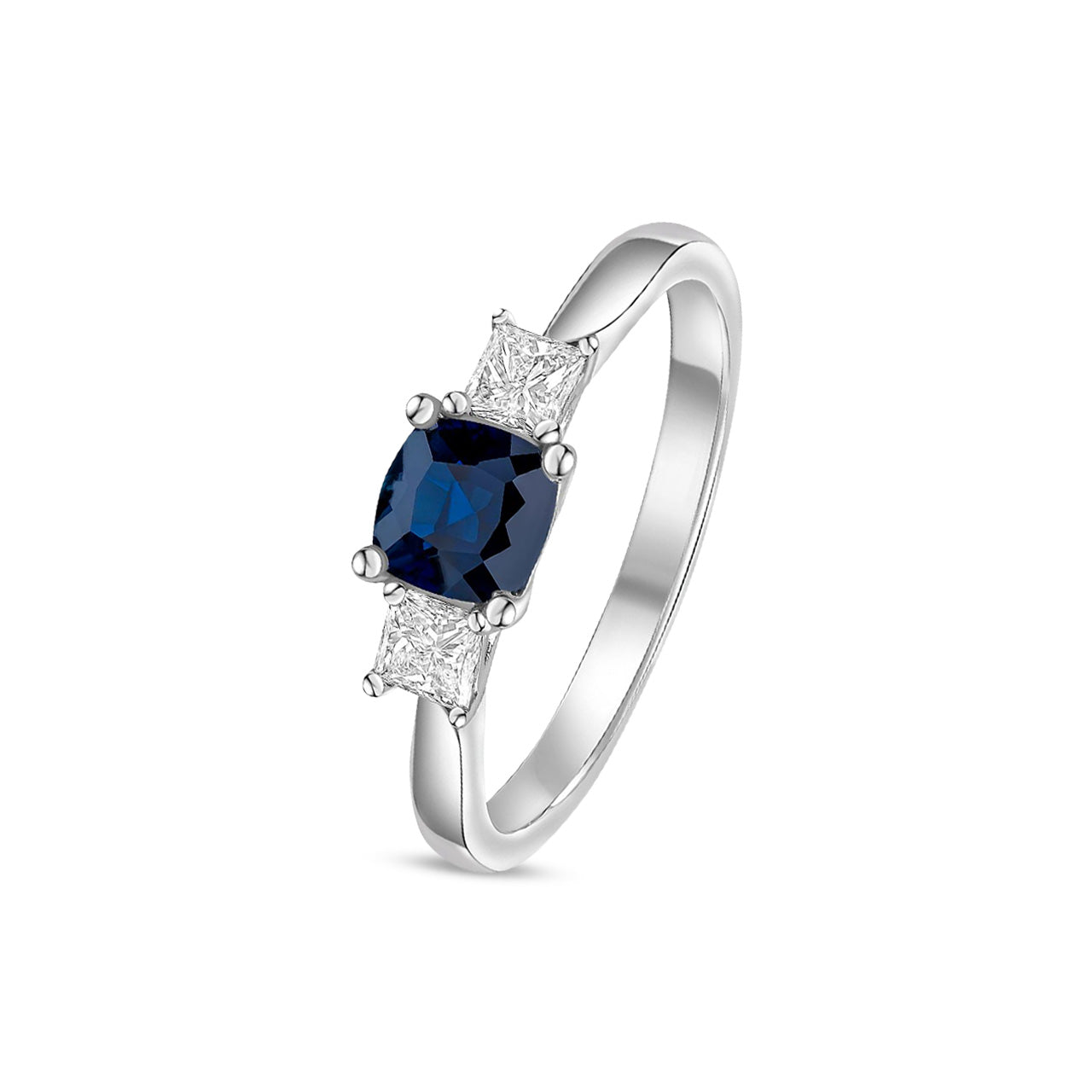 18ct White Gold Cushion Natural Sapphire and Square Diamond Three Stone Ring — 5mm