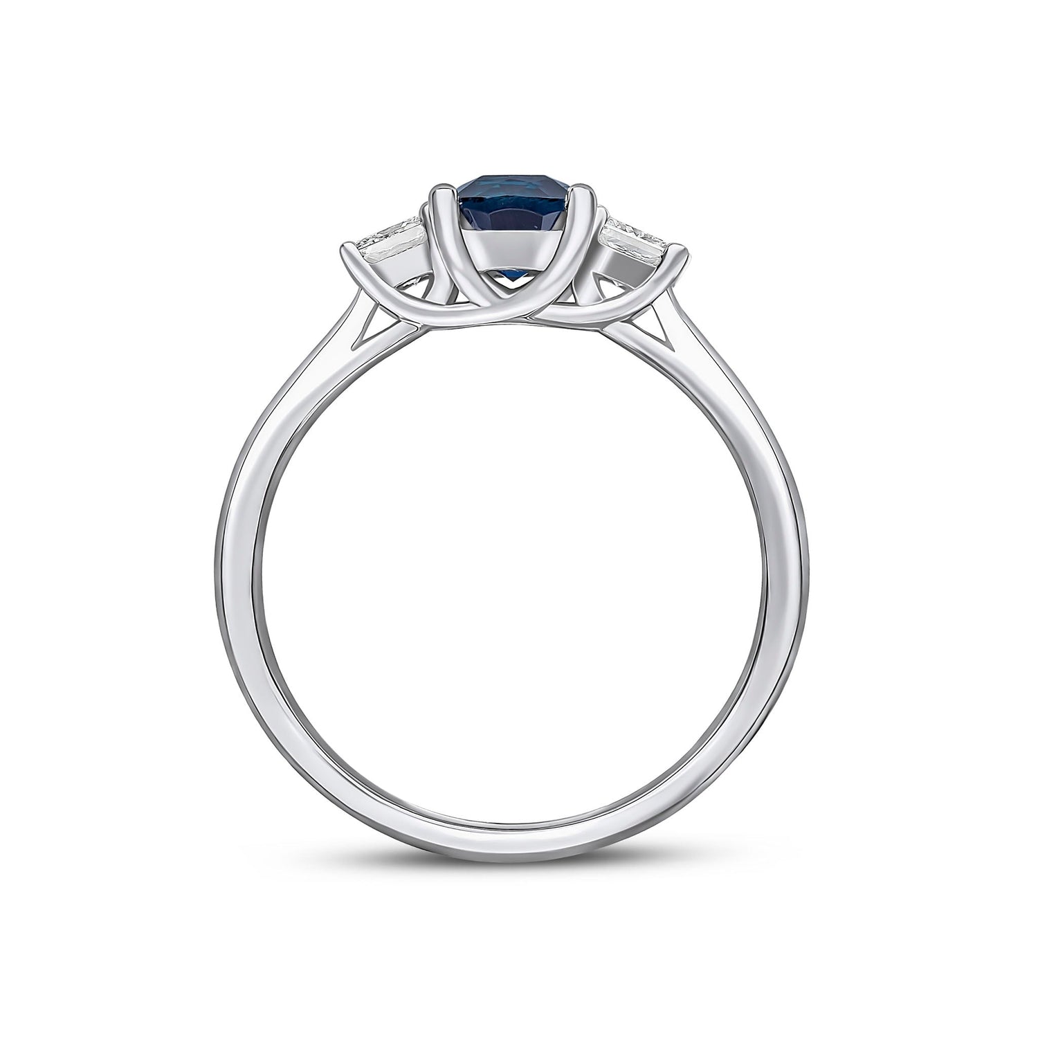 18ct White Gold Cushion Natural Sapphire and Square Diamond Three Stone Ring — 5mm