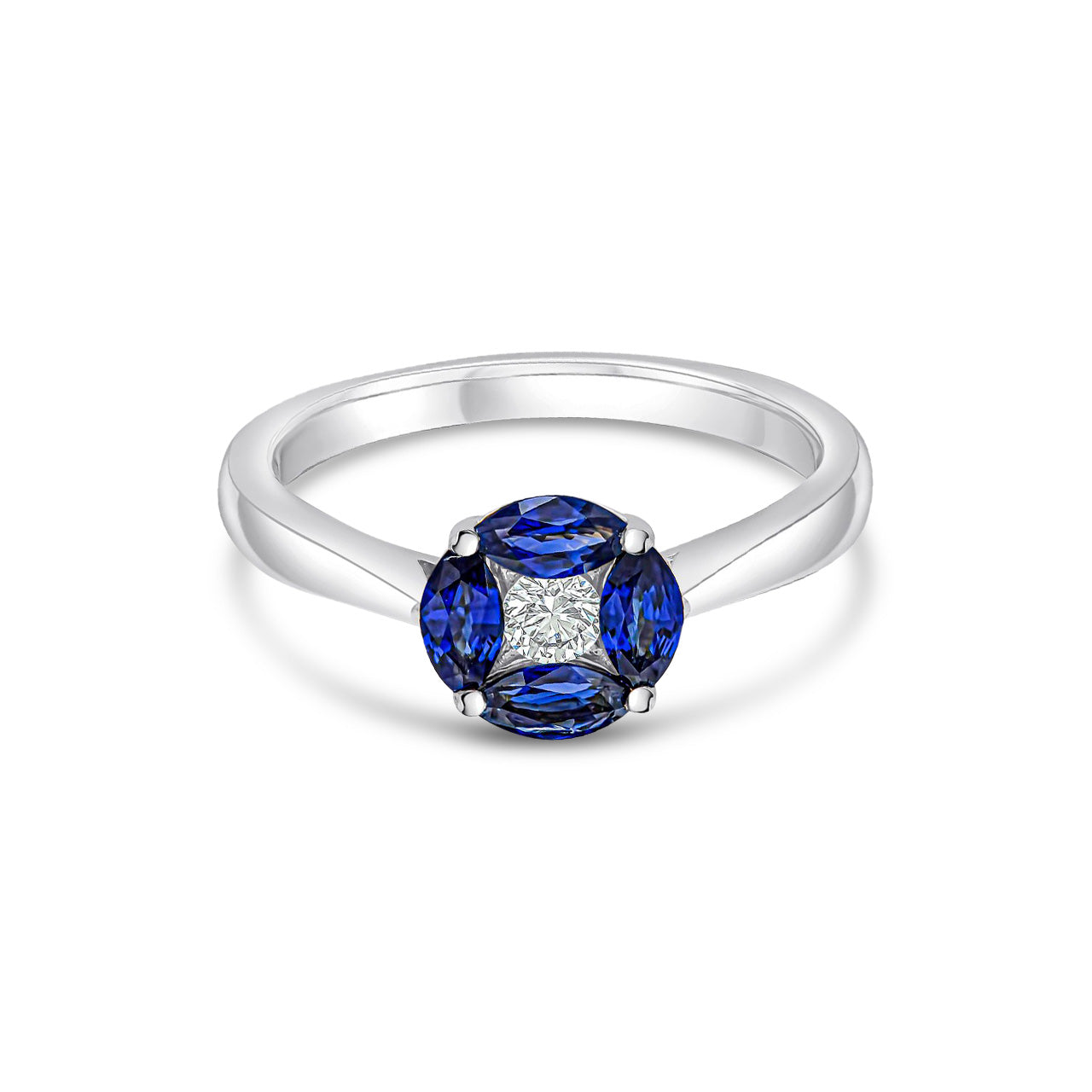 18ct White Gold Marquise Natural Sapphire and Diamond Cluster Ring — 8mm