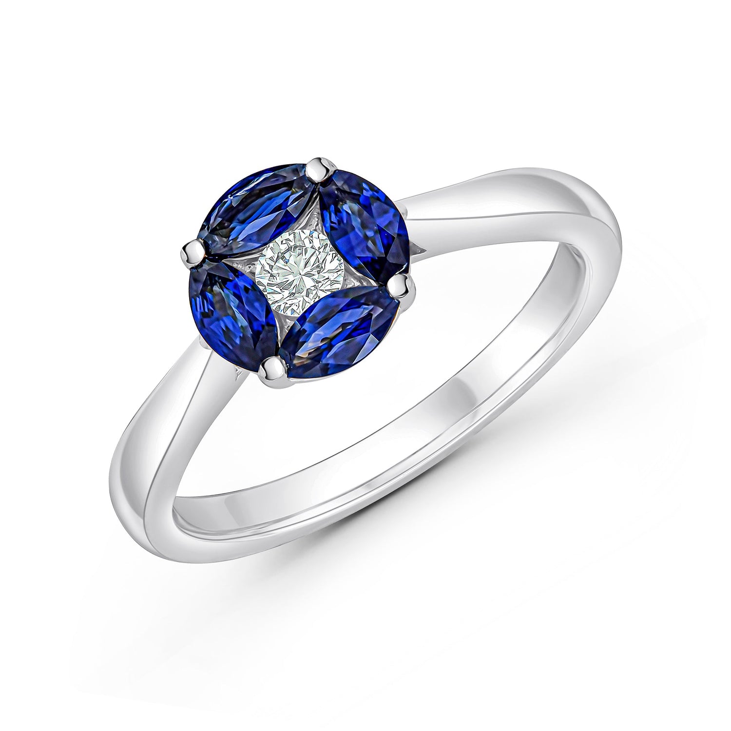 18ct White Gold Marquise Natural Sapphire and Diamond Cluster Ring — 8mm