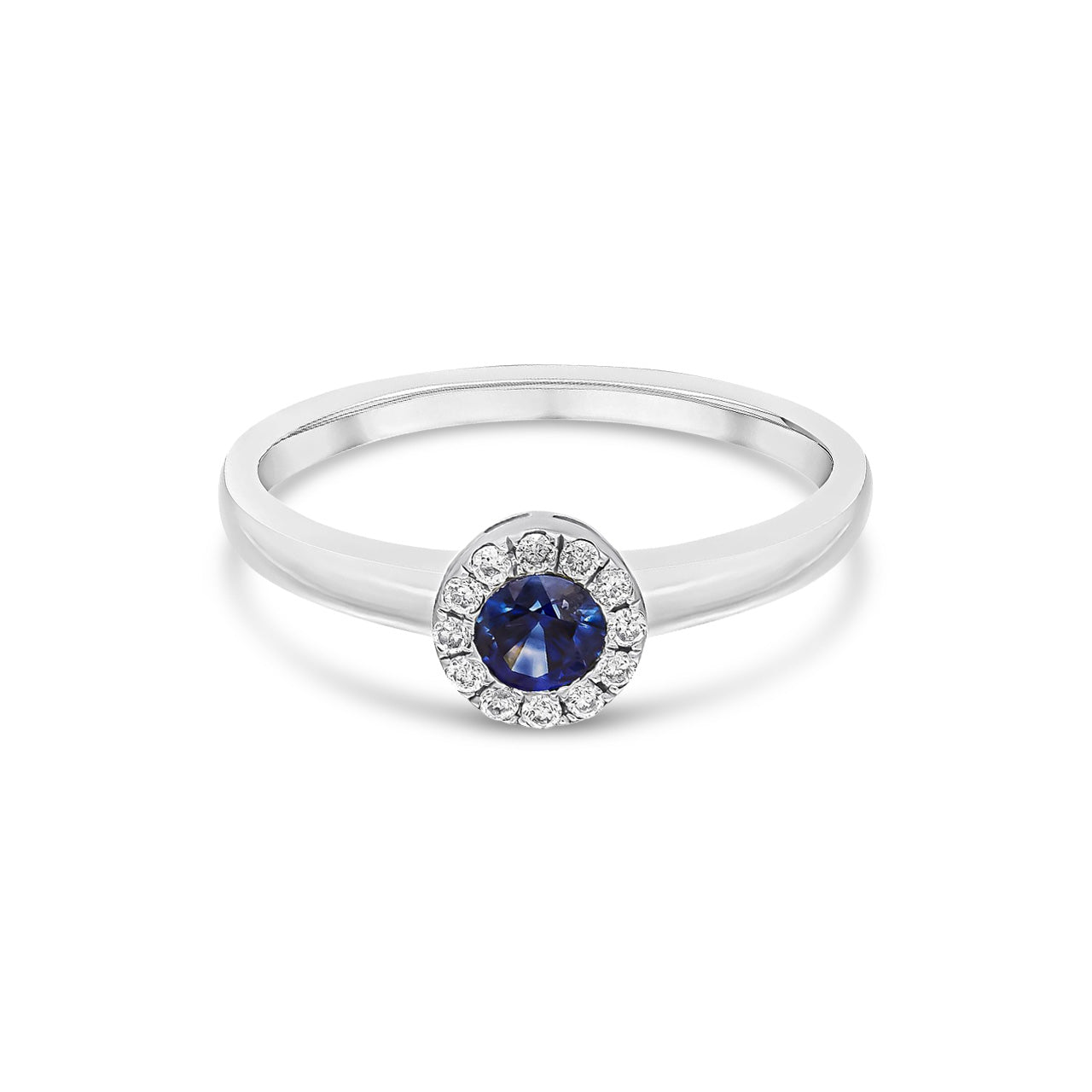18ct White Gold Round Natural Blue Sapphire and Diamond Halo Cluster Ring