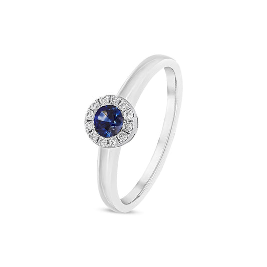18ct White Gold Round Natural Blue Sapphire and Diamond Halo Cluster Ring