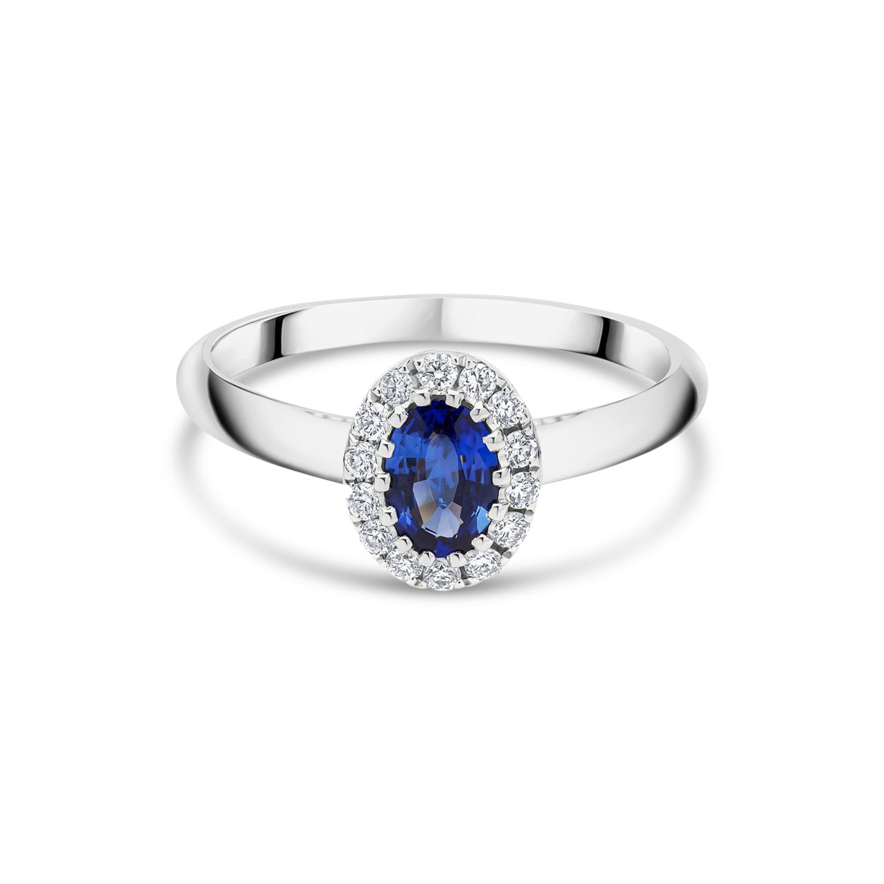 18ct White Gold Oval Natural Blue Sapphire and Round Diamond Halo Cluster Ring