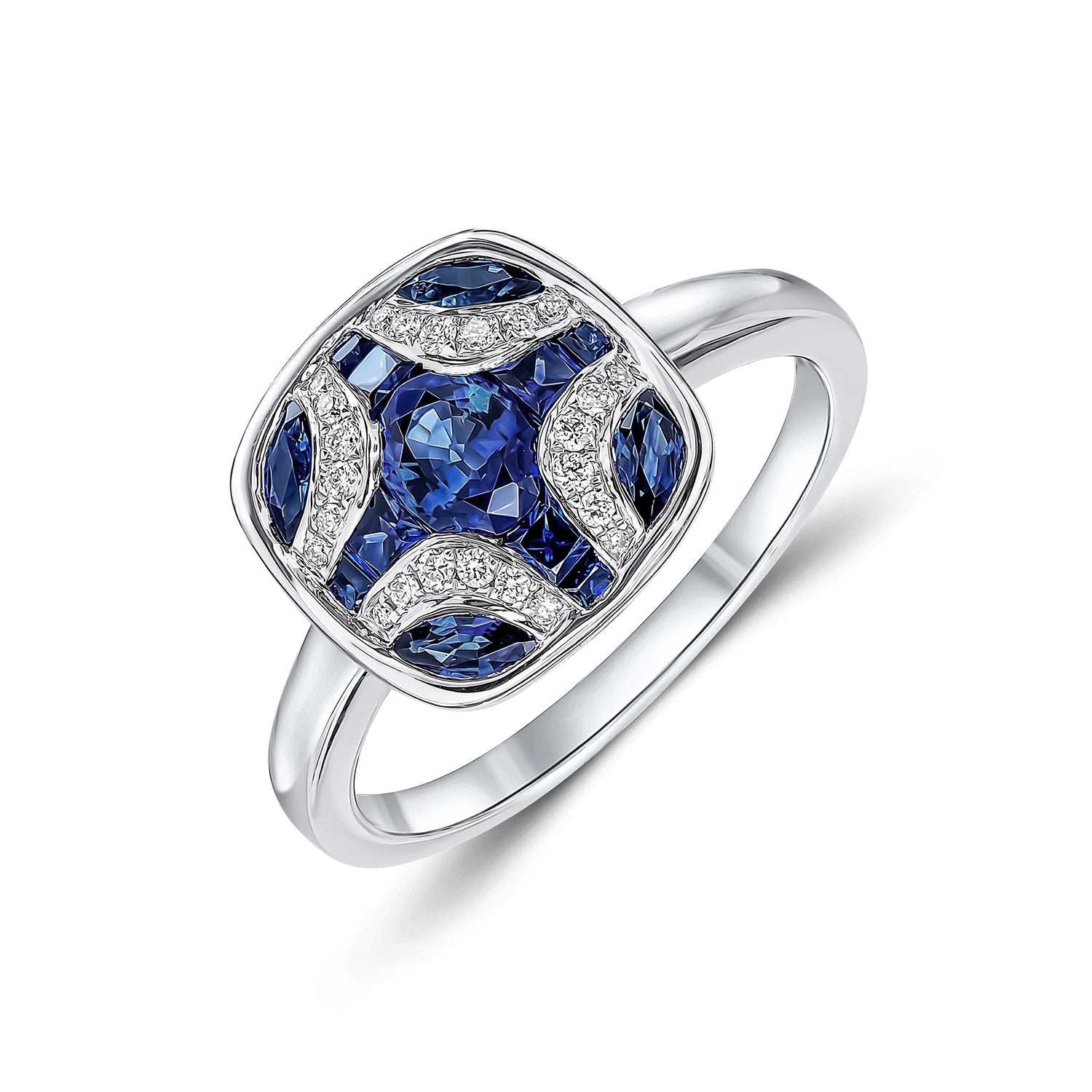 18ct White Gold Natural Sapphire and Diamond Shield Ring
