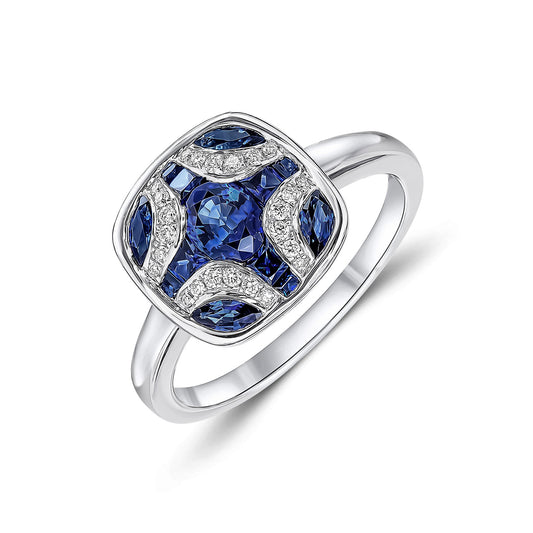 18ct White Gold Natural Sapphire and Diamond Shield Ring