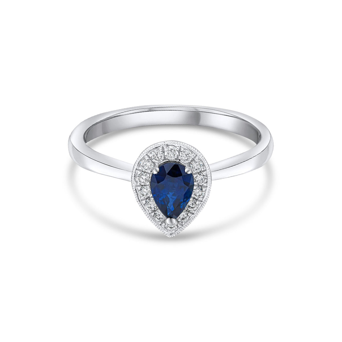 18ct White Gold Pear Shaped Natural Sapphire and Diamond Millegrain Halo Cluster Ring — 6x4mm