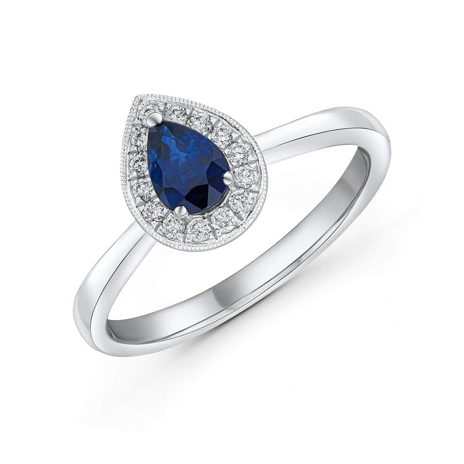 18ct White Gold Pear Cut Natural Sapphire and Diamond Millegrain Halo Cluster Ring — 6x4mm