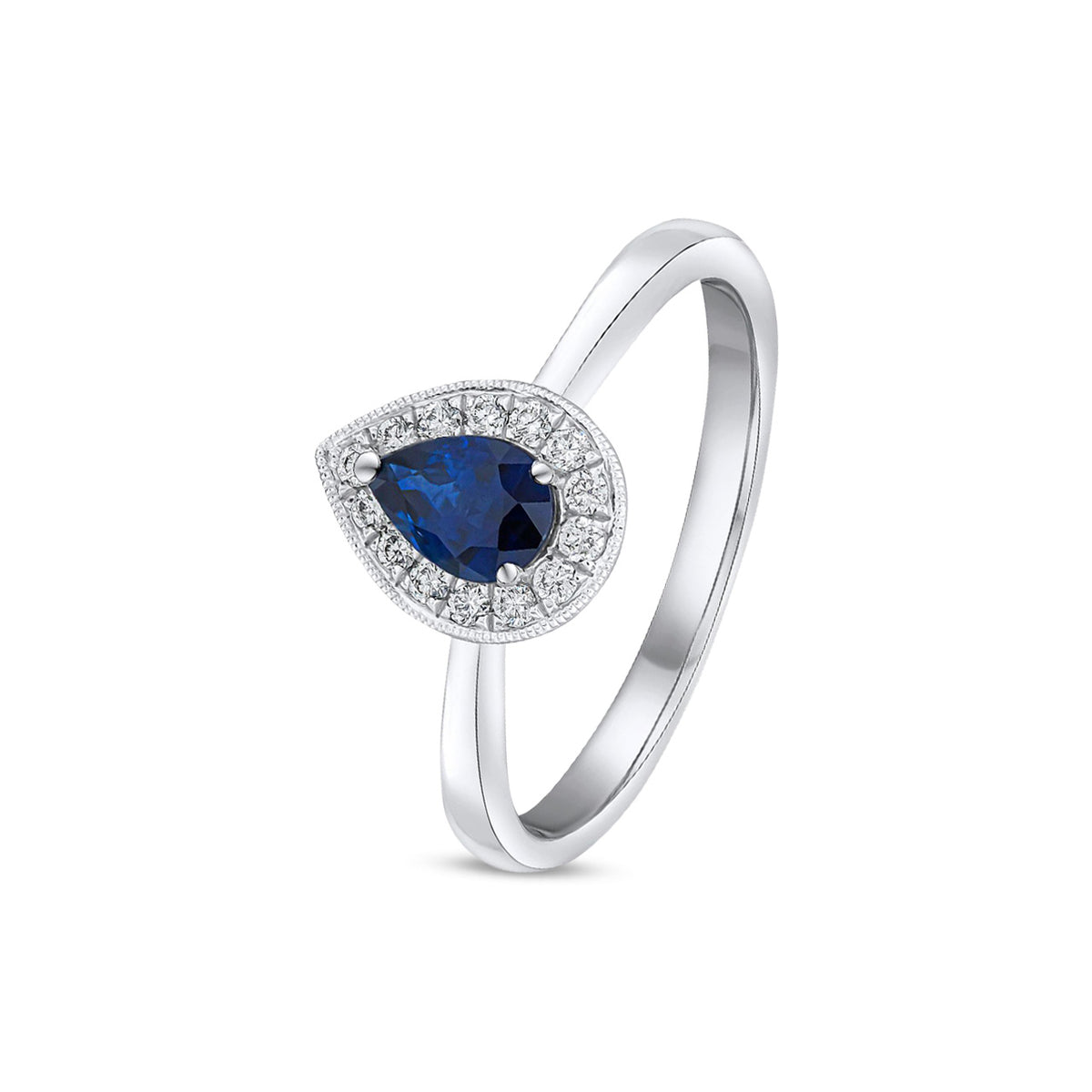 18ct White Gold Pear Shaped Natural Sapphire and Diamond Millegrain Halo Cluster Ring — 6x4mm
