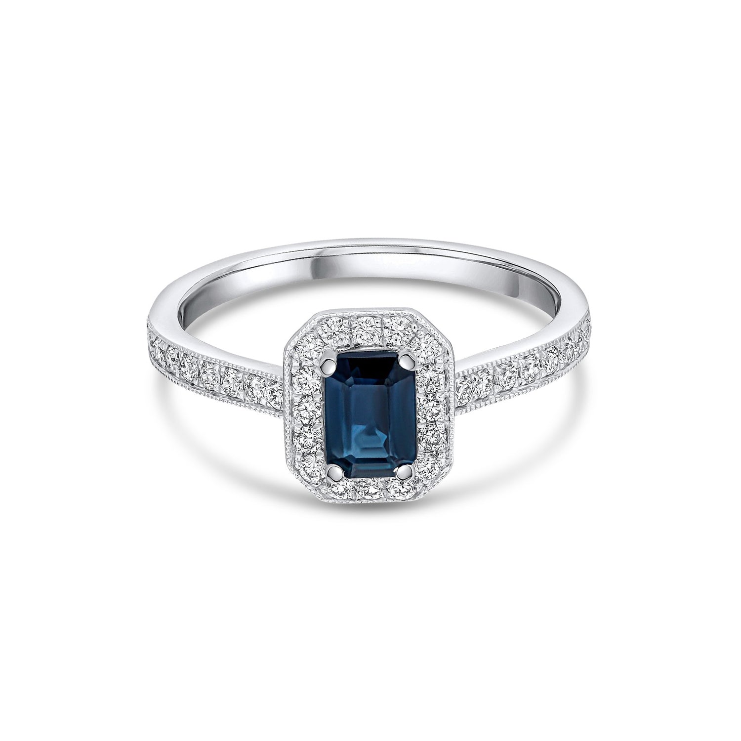 18ct White Gold Claw Octagonal Emerald Cut Natural Sapphire and Millegrain Diamond Cluster Ring with Diamond Band — 6x4mm