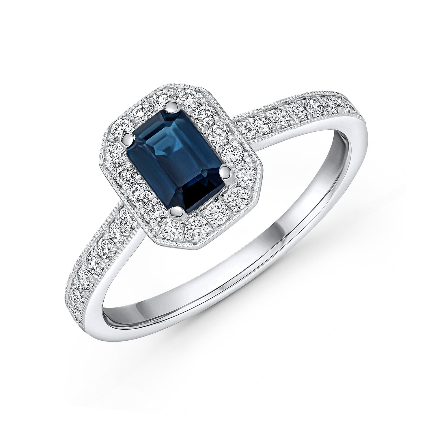 18ct White Gold Claw Set Natural Emerald Cut Sapphire and Millegrain Diamond Cluster Ring with Diamond Band — 6x4mm