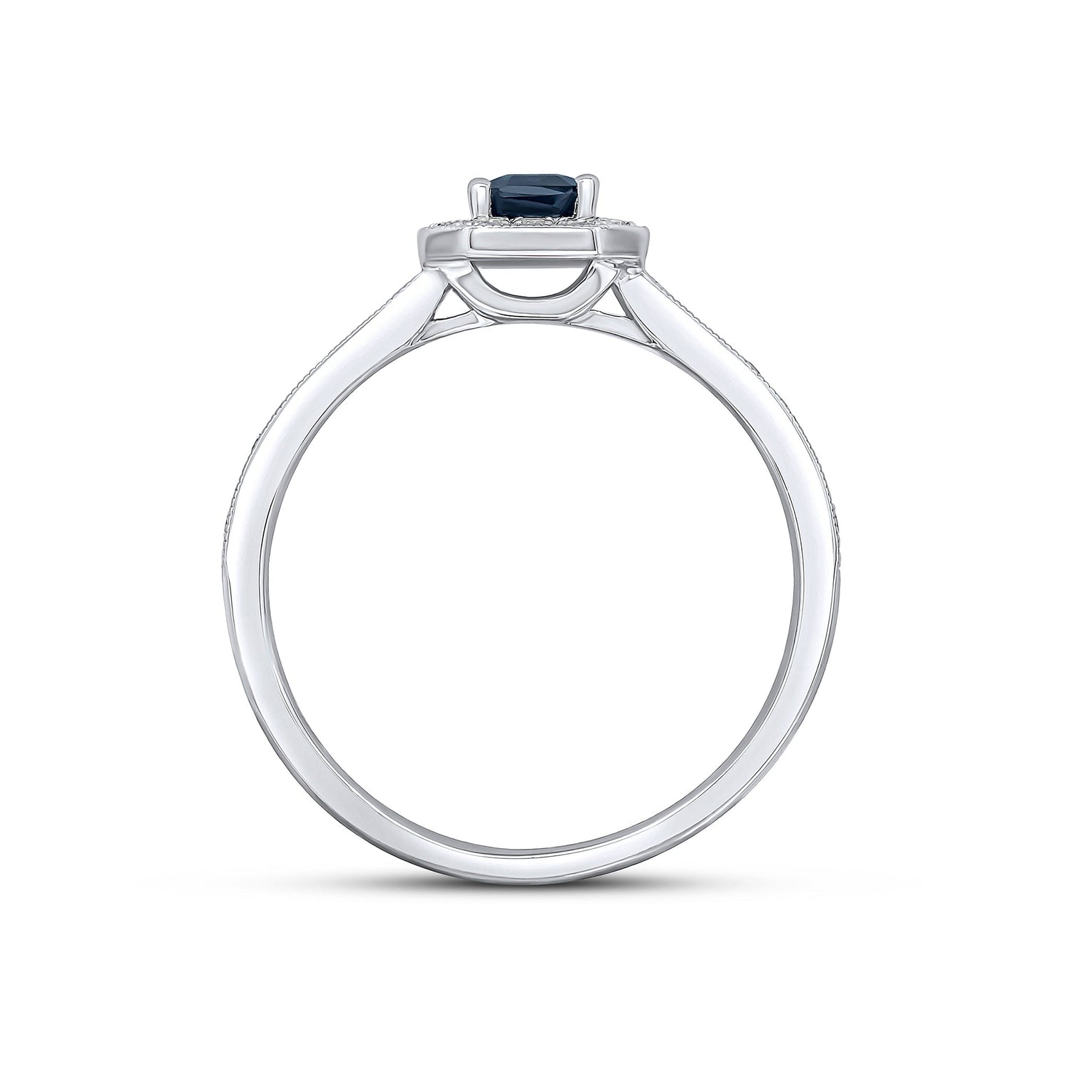 18ct White Gold Claw Set Natural Emerald Cut Sapphire and Millegrain Diamond Cluster Ring with Diamond Band — 6x4mm