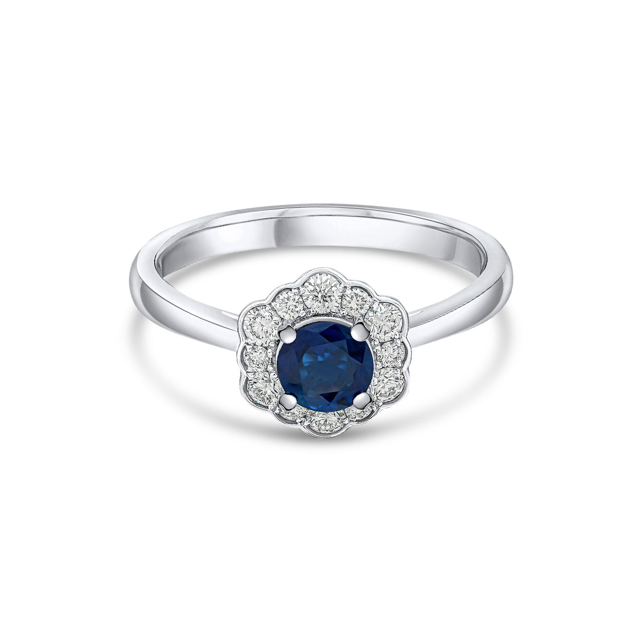 18ct White Gold Round Natural Sapphire and Diamond Fancy Cluster Ring — 5mm