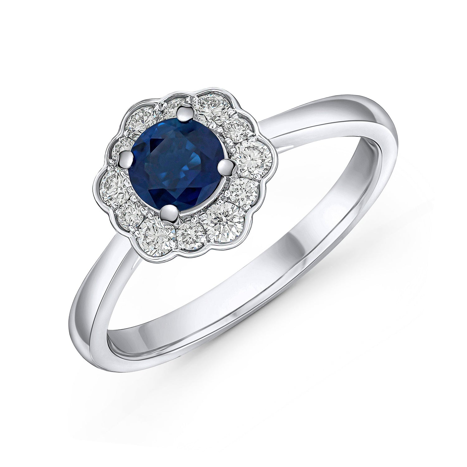 18ct White Gold Round Natural Sapphire and Diamond Fancy Cluster Ring — 5mm