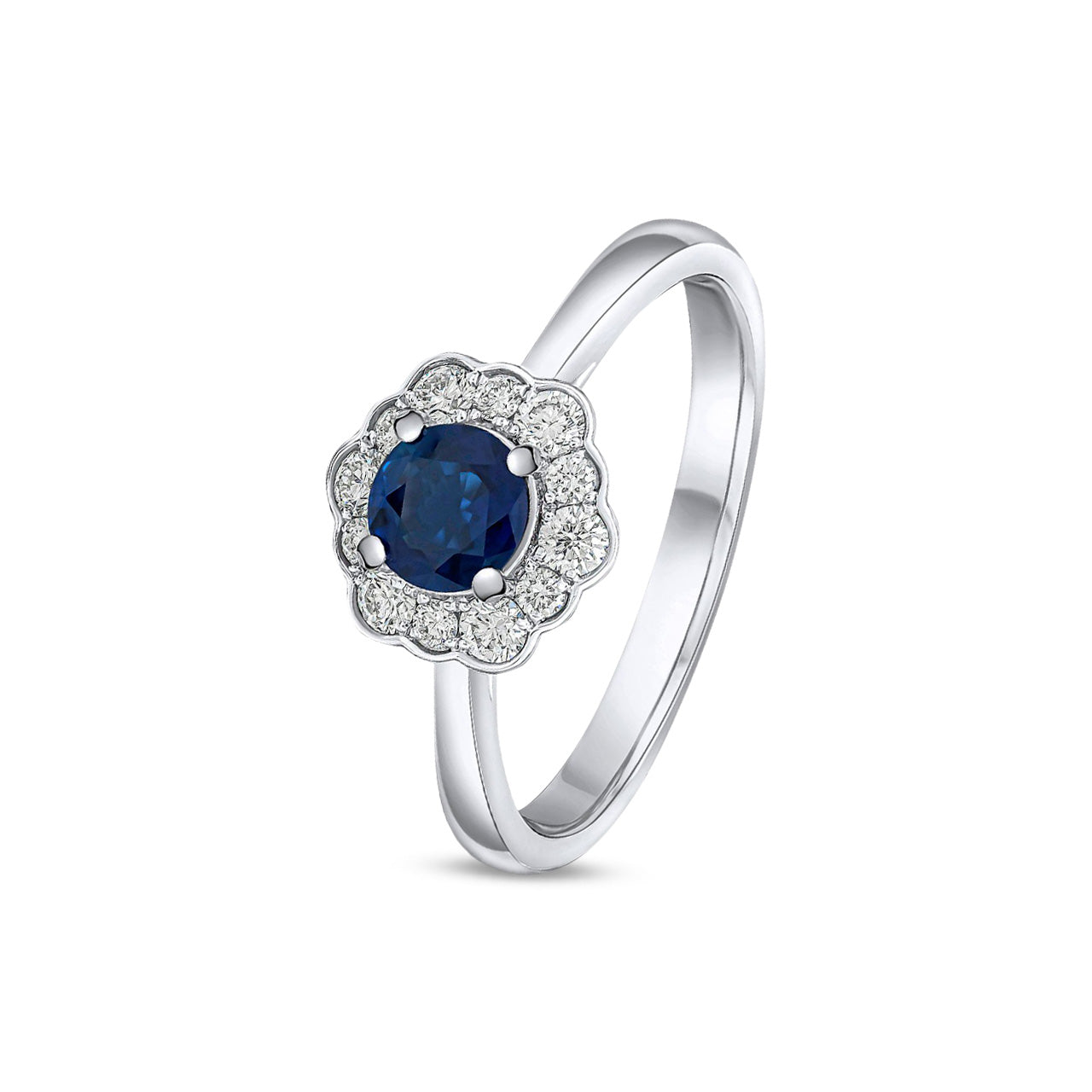 18ct White Gold Round Natural Sapphire and Diamond Fancy Cluster Ring — 5mm
