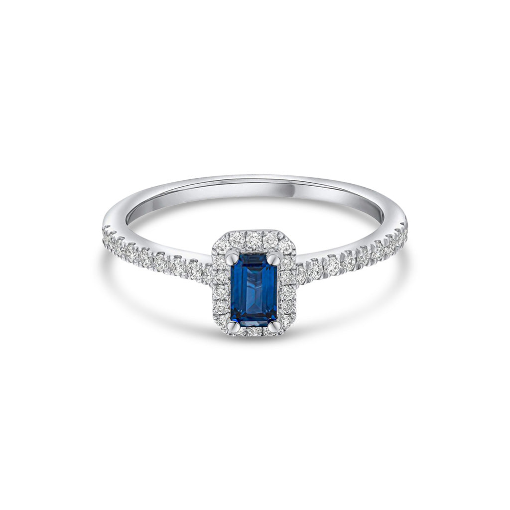 18ct White Gold Octagonal Emerald Cut Natural Sapphire and Diamond Cluster Ring with Diamond Shoulders — 5x3mm
