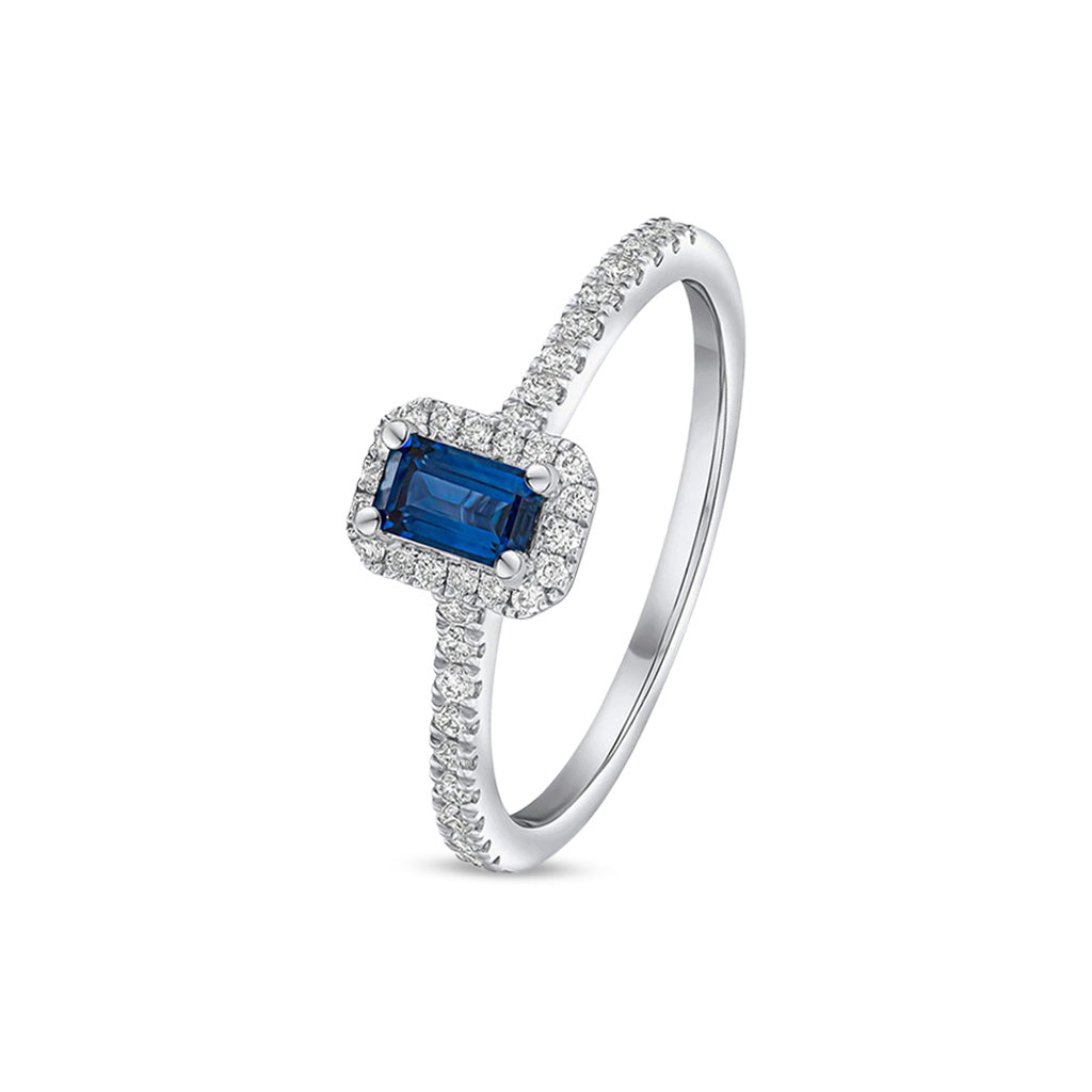 18ct White Gold Octagonal Emerald Cut Natural Sapphire and Diamond Cluster Ring with Diamond Shoulders — 5x3mm