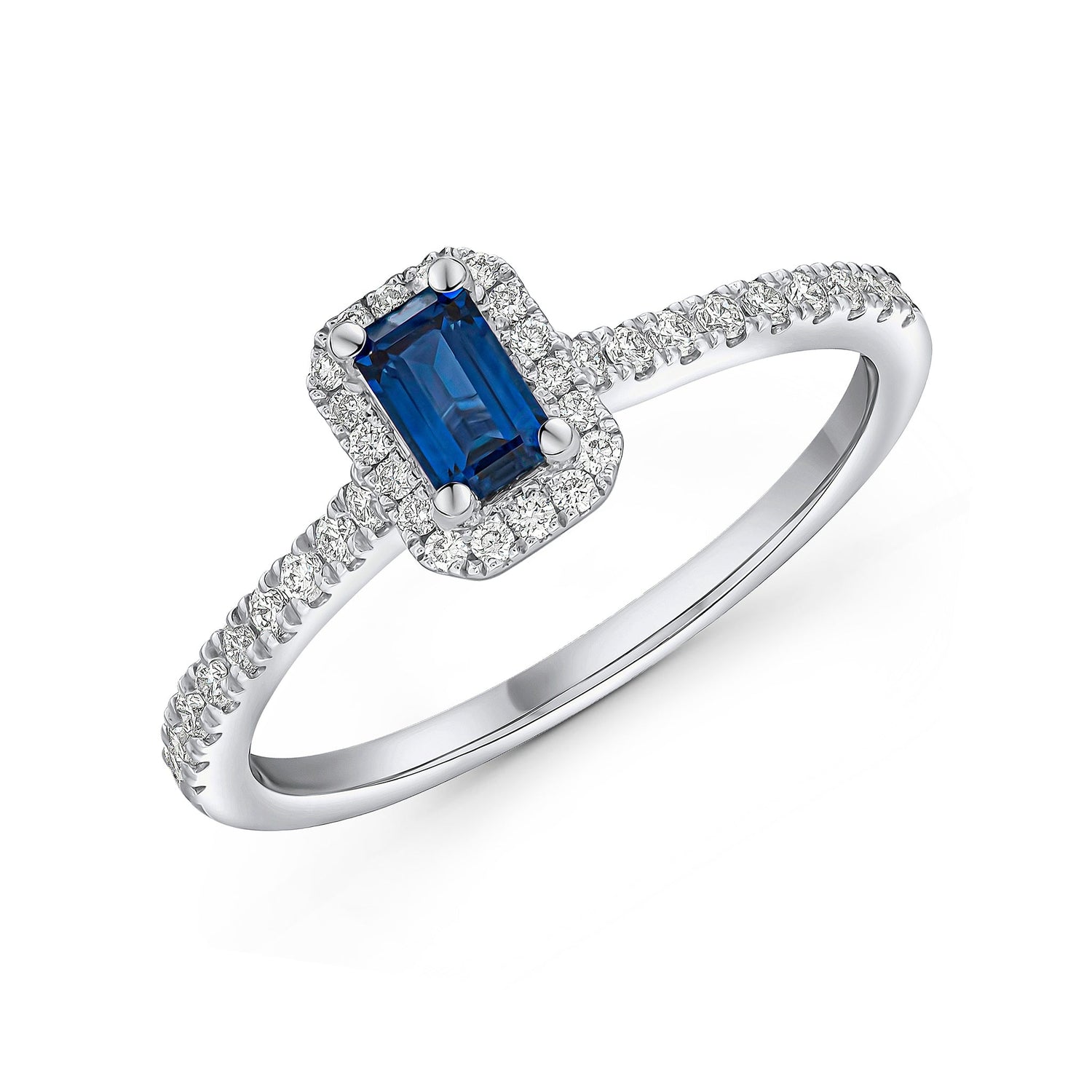 18ct White Gold Emerald Cut Sapphire and Diamond Cluster Ring with Diamond Band — 5x3mm