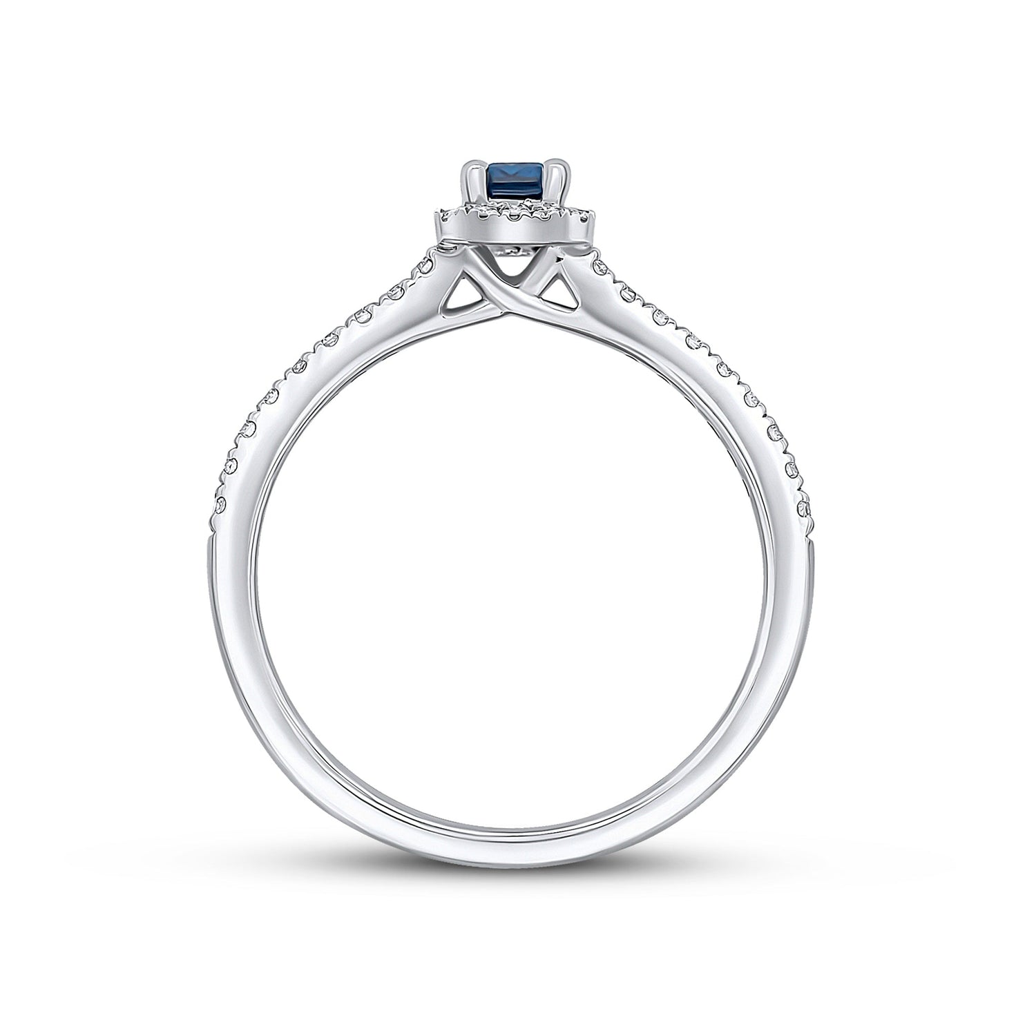 18ct White Gold Emerald Cut Sapphire and Diamond Cluster Ring with Diamond Band — 5x3mm