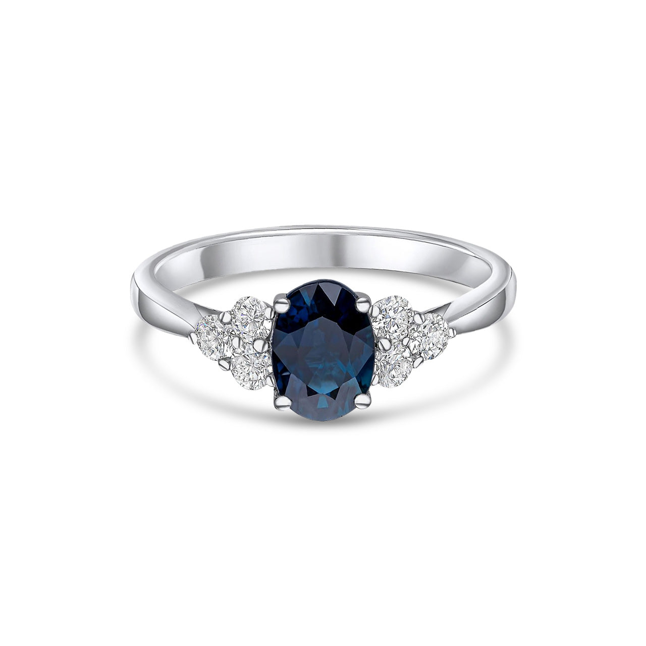 18ct White Gold Oval Natural Sapphire and Diamond Claw Trefoil Ring — 7x5mm