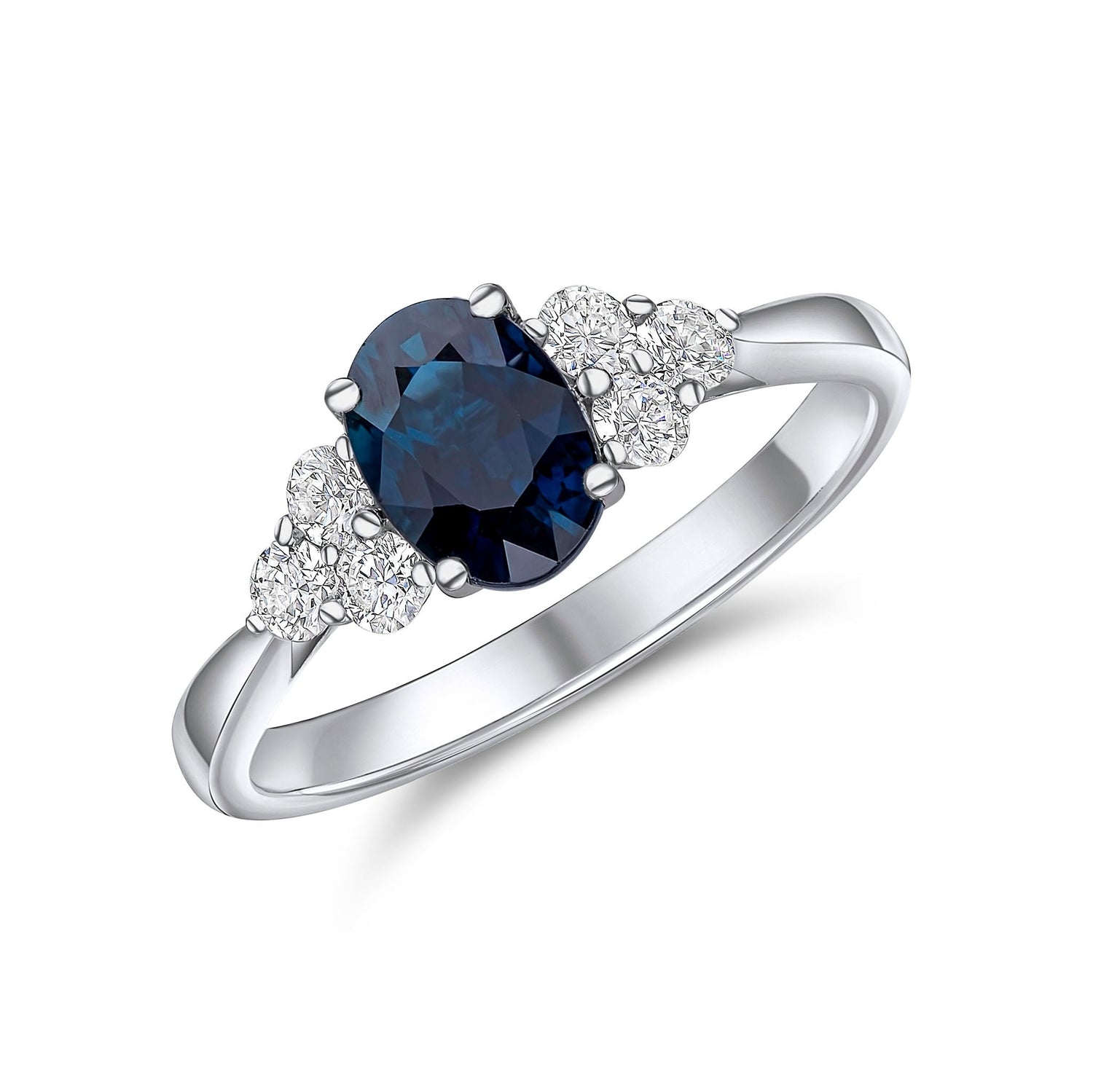 18ct White Gold Oval Natural Sapphire and Diamond Claw Trefoil Ring — 7x5mm