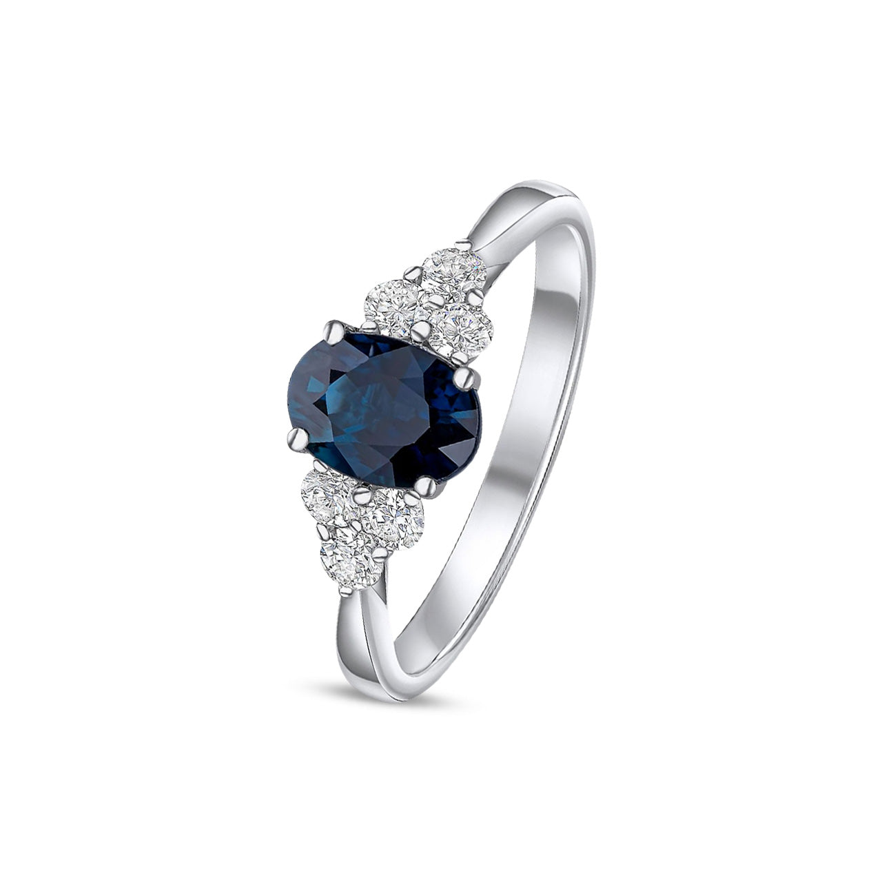 18ct White Gold Oval Natural Sapphire and Diamond Claw Trefoil Ring — 7x5mm