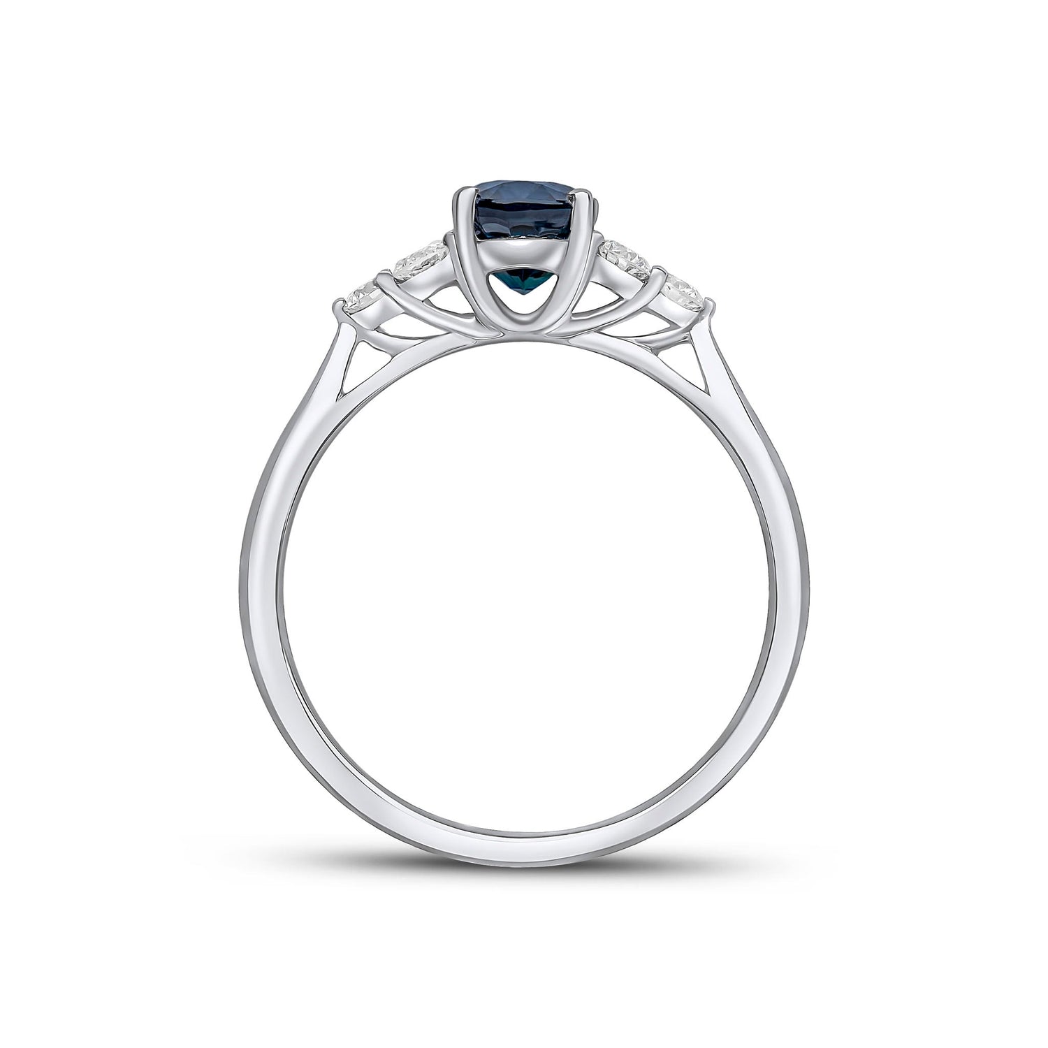 18ct White Gold Oval Natural Sapphire and Diamond Claw Trefoil Ring — 7x5mm