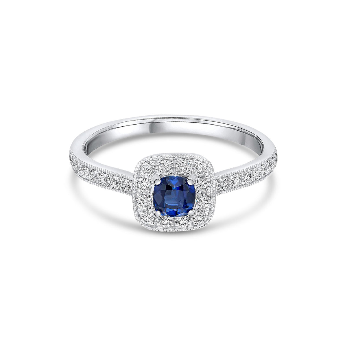 18ct White Gold Cushion Natural Sapphire and Diamond Millegrain Cluster Ring with Diamond Band — 4mm