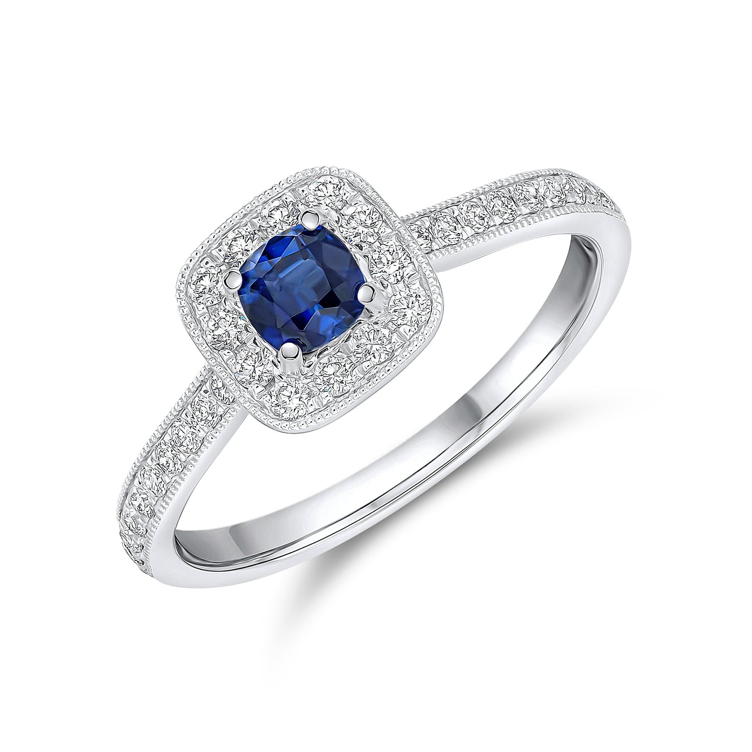 18ct White Gold Cushion Natural Sapphire and Diamond Millegrain Cluster Ring with Diamond Band — 4mm