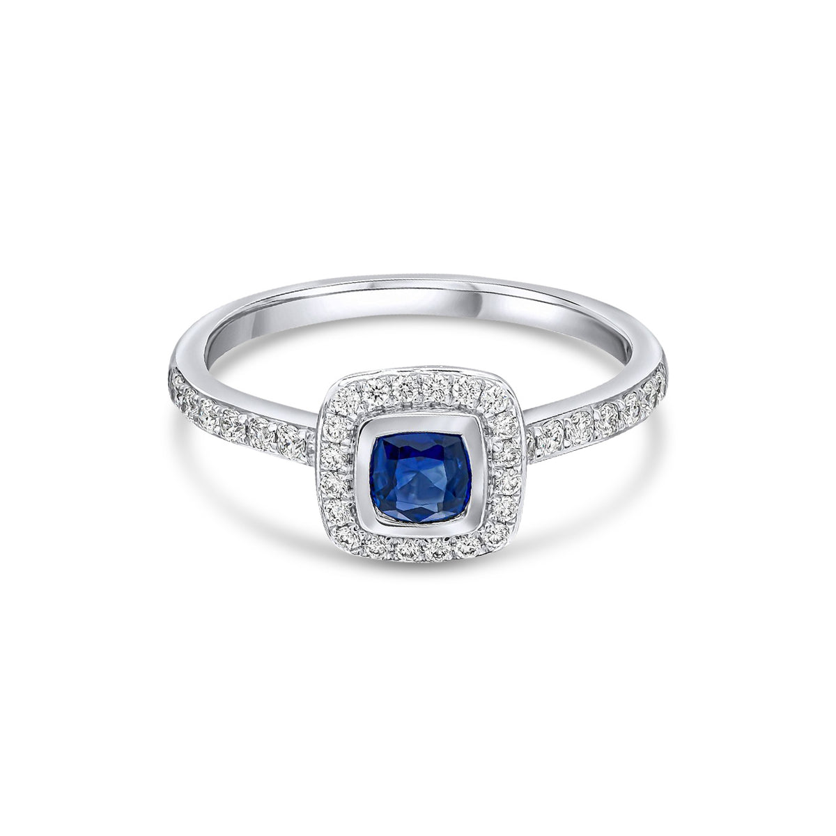 18ct White Gold Rubover Cushion Natural Sapphire and Grain Set Diamond Cluster Ring with Diamond Band — 4mm