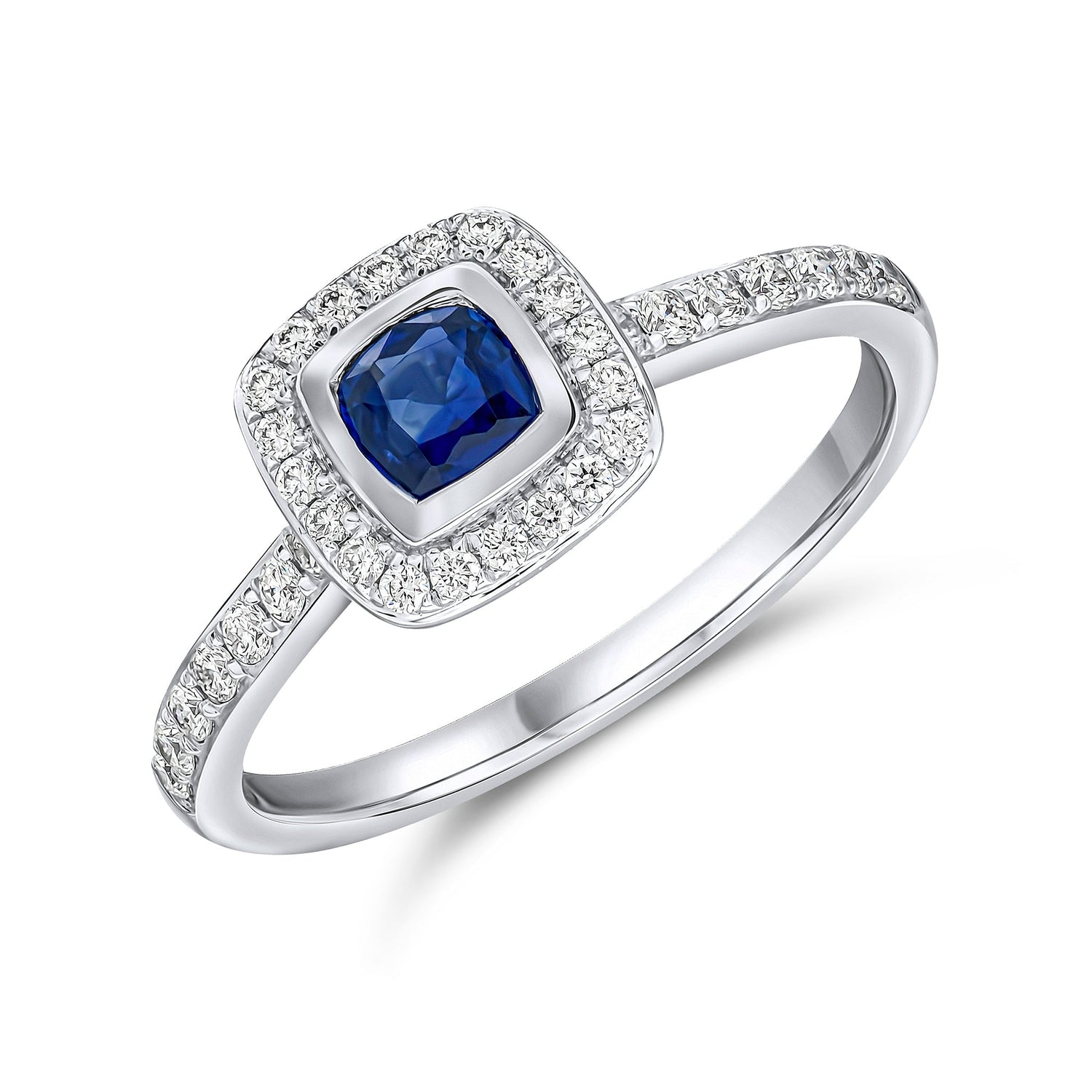 18ct White Gold Rubover Cushion Natural Sapphire and Grain Set Diamond Cluster Ring with Diamond Band — 4mm