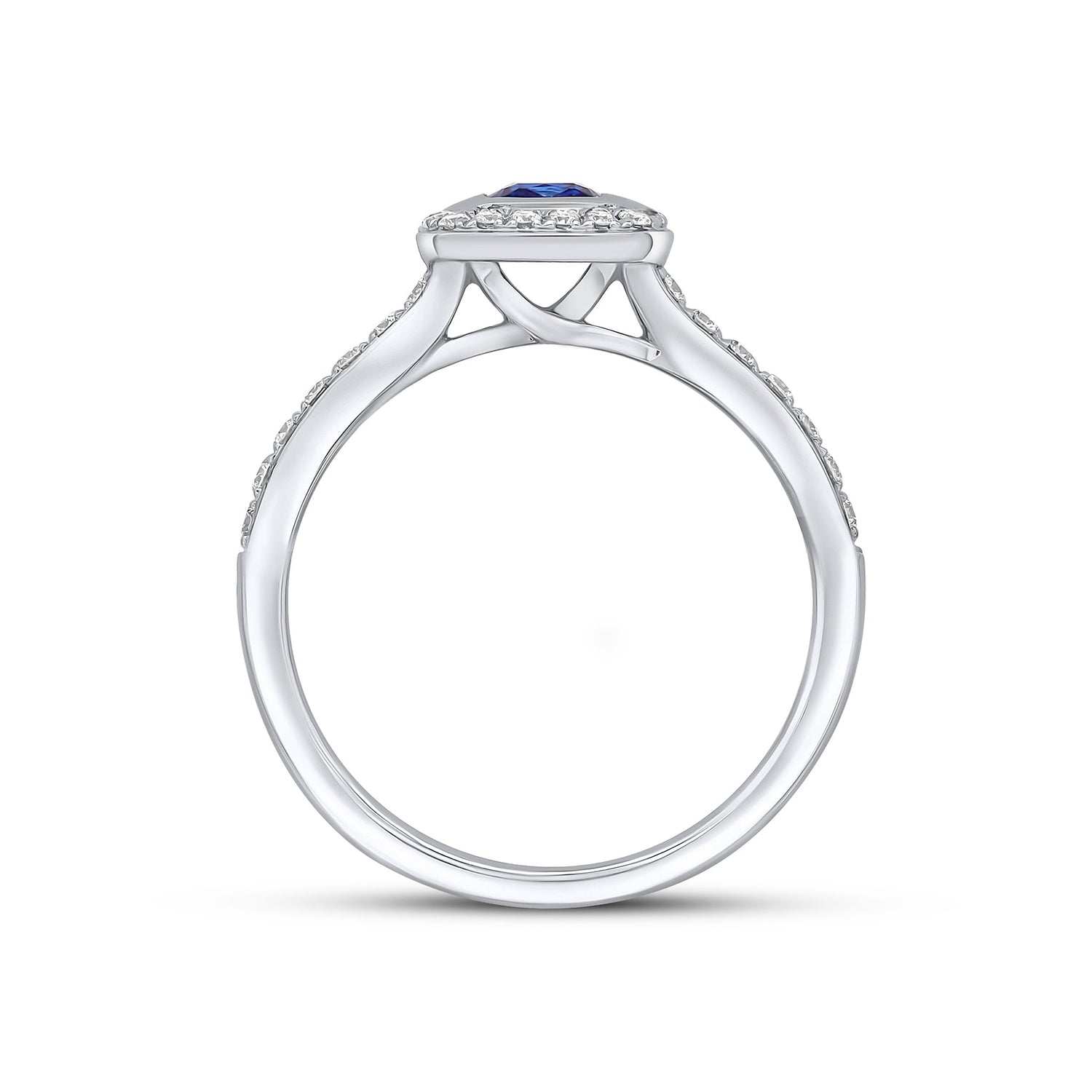 18ct White Gold Rubover Cushion Natural Sapphire and Grain Set Diamond Cluster Ring with Diamond Band — 4mm