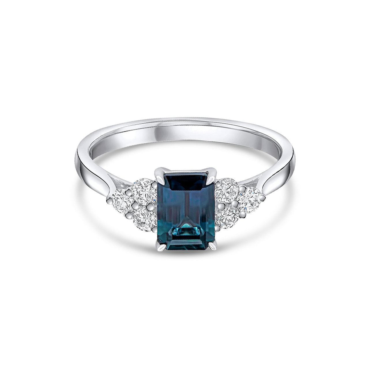 18ct White Gold Octagonal Emerald Cut Natural Sapphire and Diamond Trefoil Claw Set Ring — 7x5mm