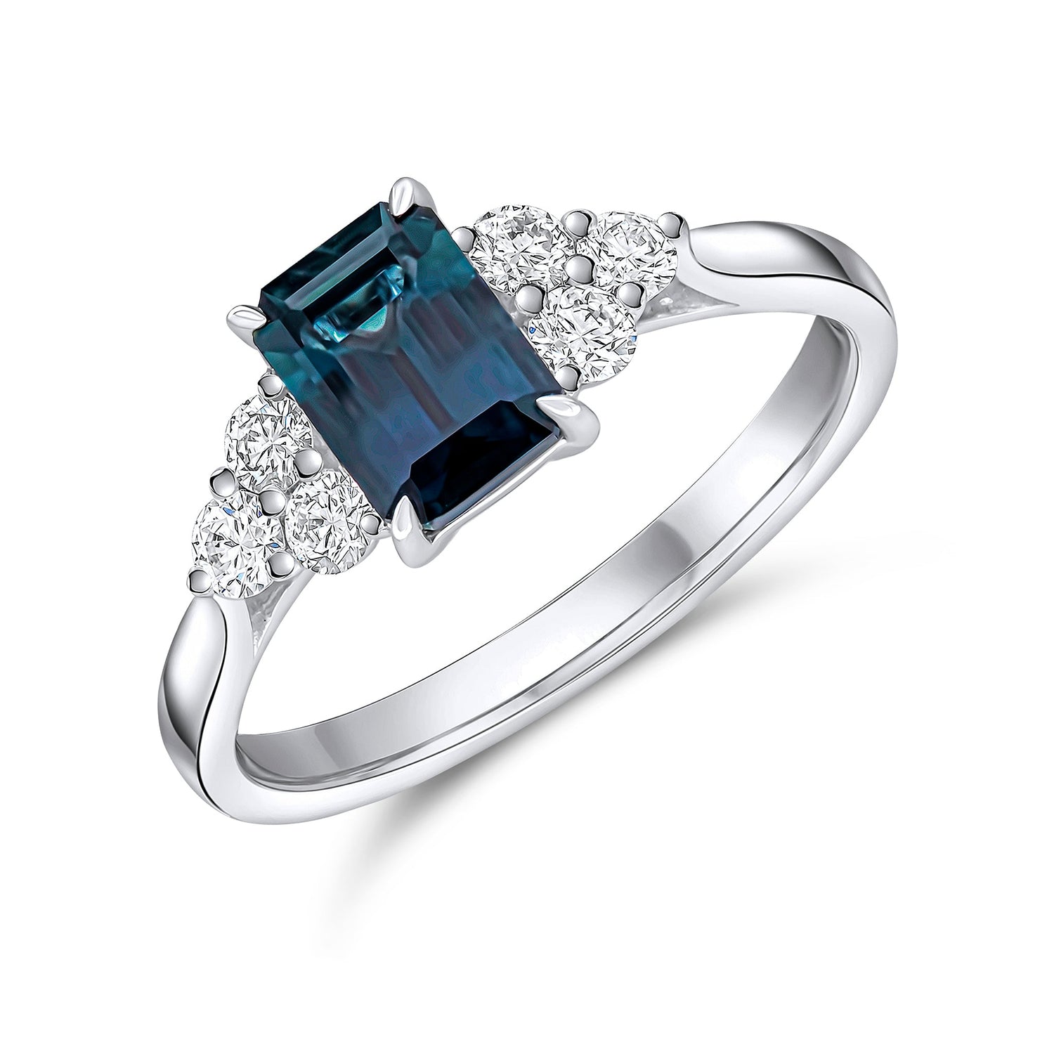 18ct White Gold Octagonal Natural Sapphire and Diamond Trefoil Claw Set Ring — 7x5mm