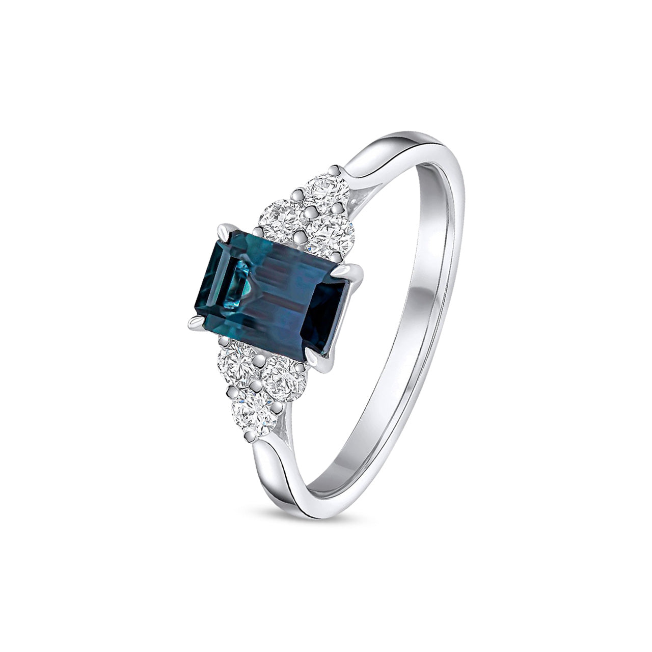 18ct White Gold Octagonal Emerald Cut Natural Sapphire and Diamond Trefoil Claw Set Ring — 7x5mm