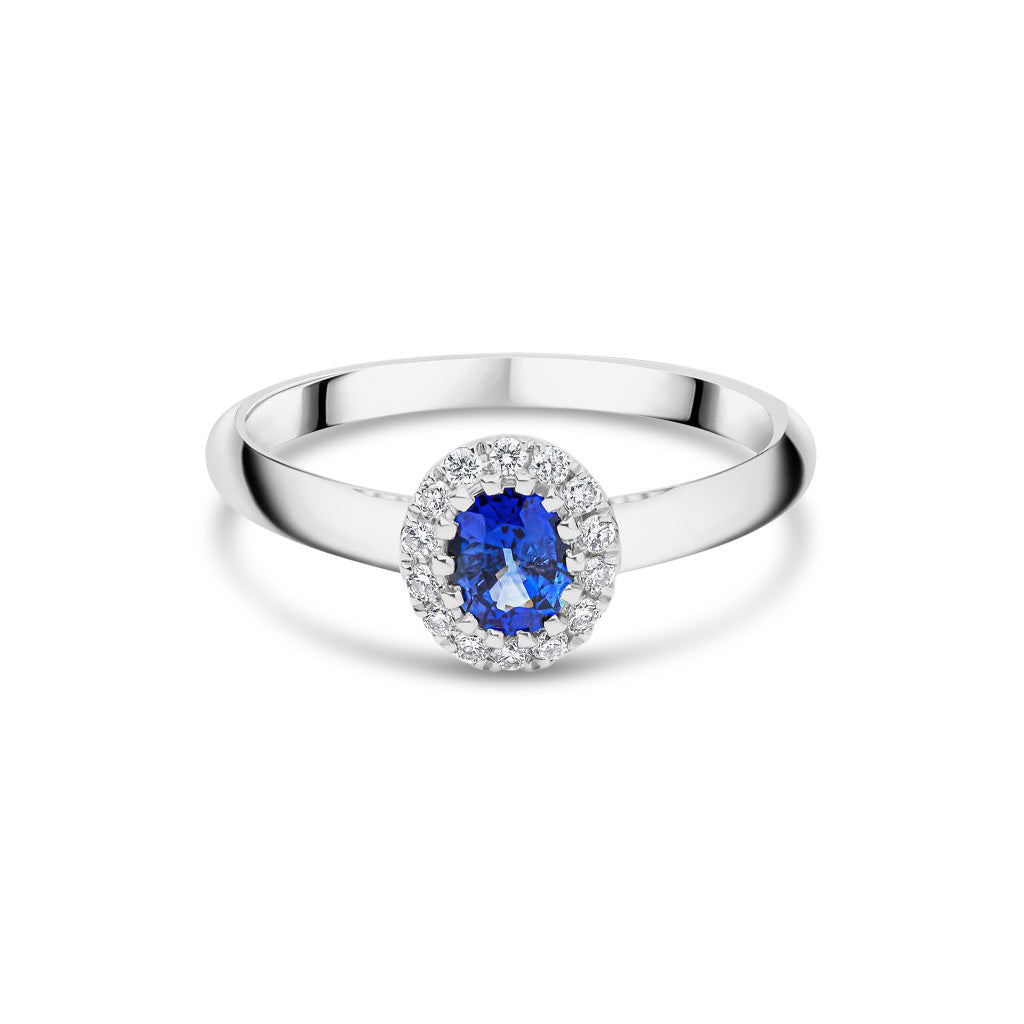 18ct White Gold Oval Natural Sapphire and Round Diamond Halo Cluster Ring  5x4mm