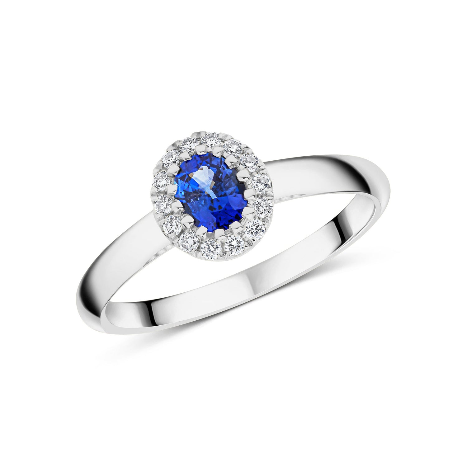 18ct White Gold Oval Sapphire and Round Diamond Halo Cluster Ring  5x4mm