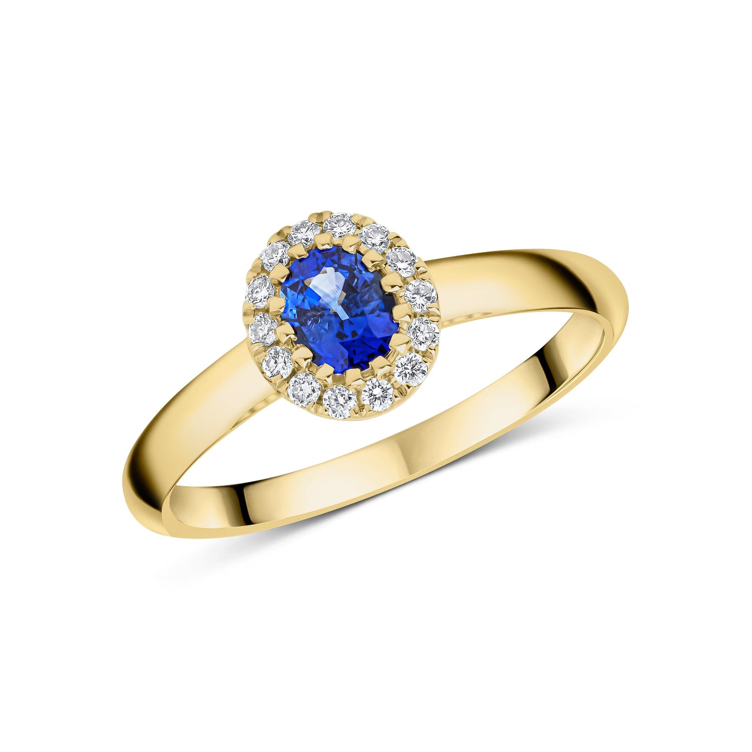 18ct Yellow Gold Oval Sapphire and Round Diamond Halo Cluster Ring — 5x4mm