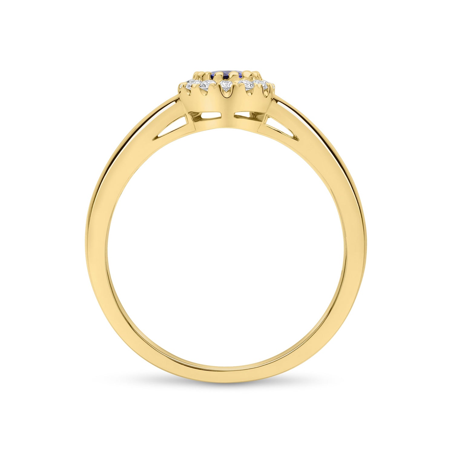 18ct Yellow Gold Oval Sapphire and Round Diamond Halo Cluster Ring — 5x4mm