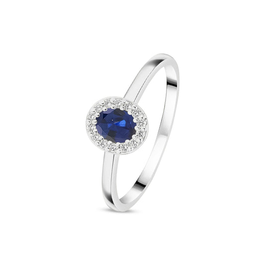 18ct White Gold Oval Natural Sapphire and Diamond Halo Cluster Ring