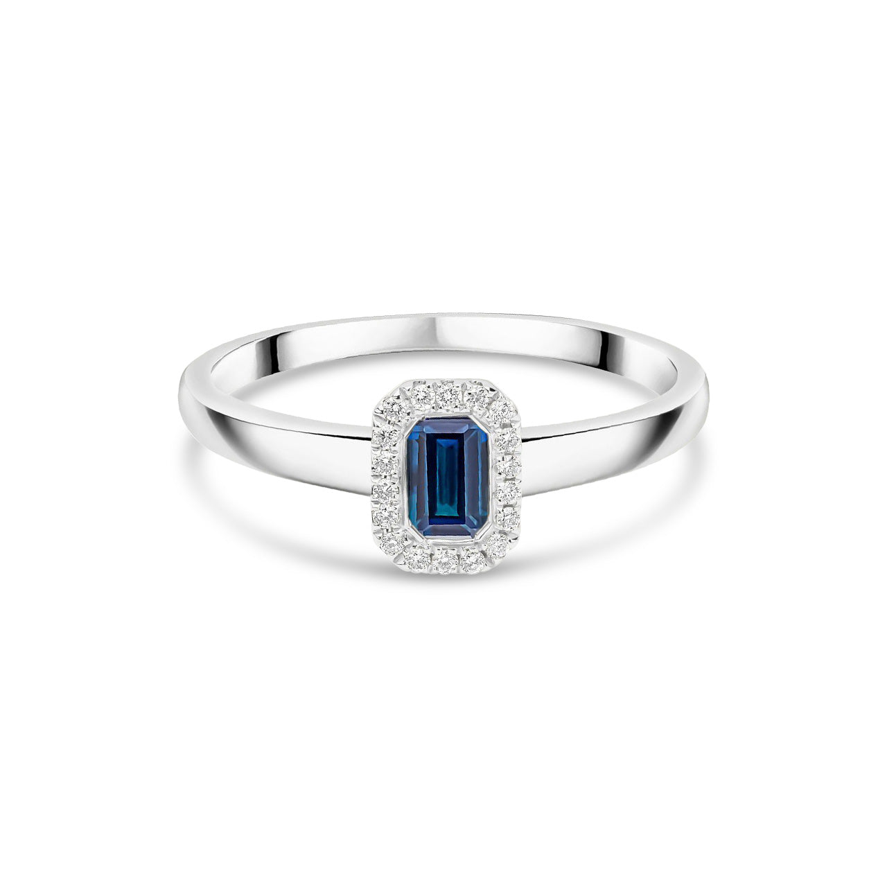 18ct White Gold Octagonal Emerald Cut Natural Sapphire and Diamond Halo Cluster Ring