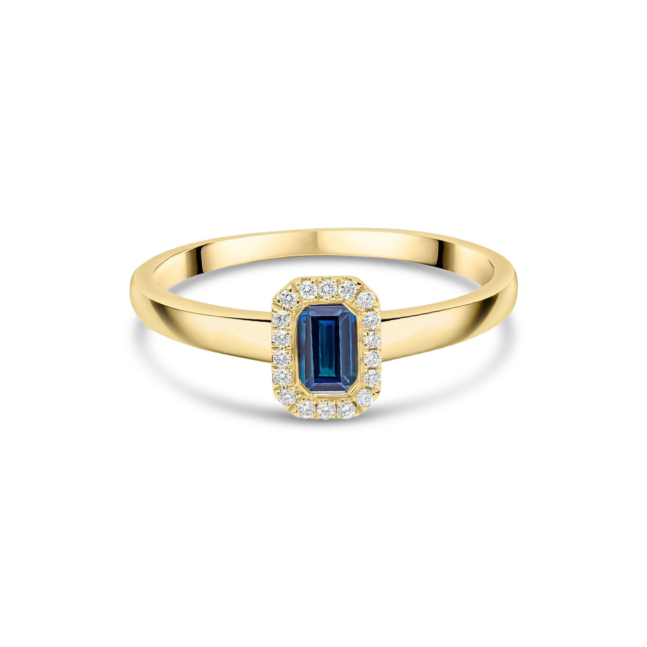 18ct Yellow Gold Octagonal Emerald Cut Natural Sapphire and Diamond Halo Cluster Ring