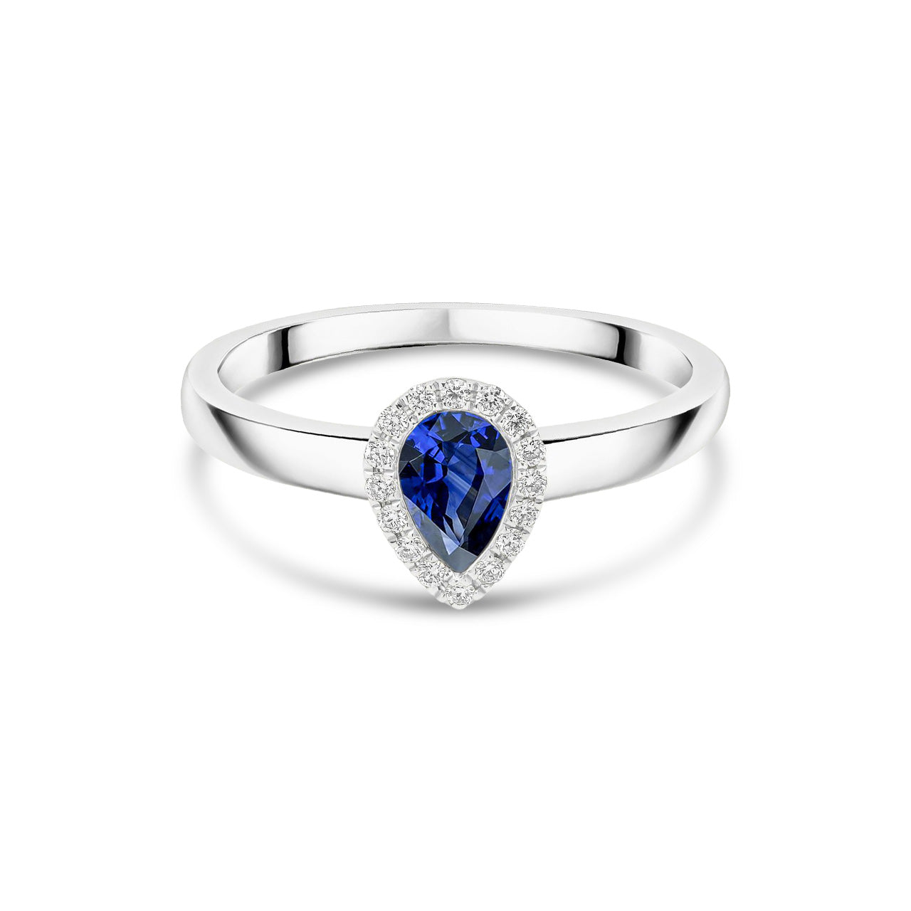 18ct White Gold Pear Shaped Natural Sapphire and Diamond Halo Cluster Ring